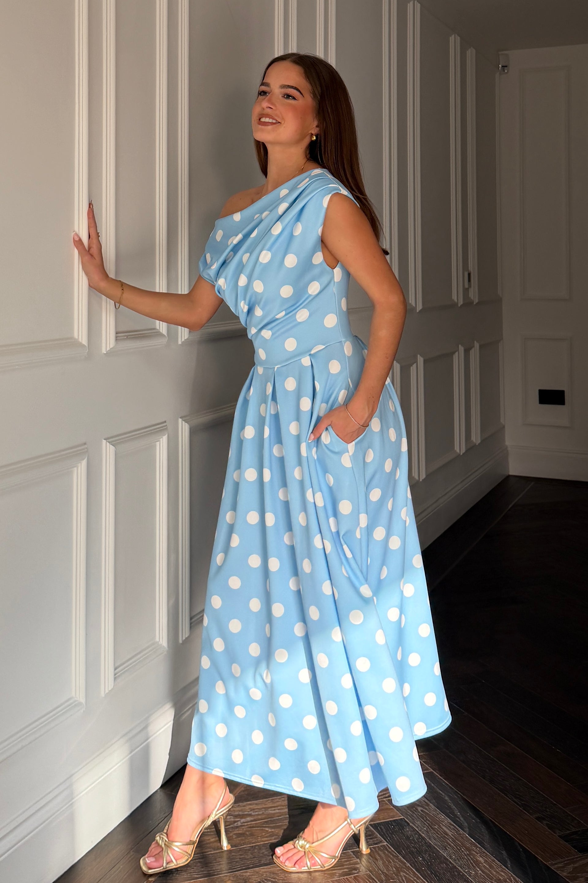 Betty Asymmetric Neckline Skater Midi  Blue Polka