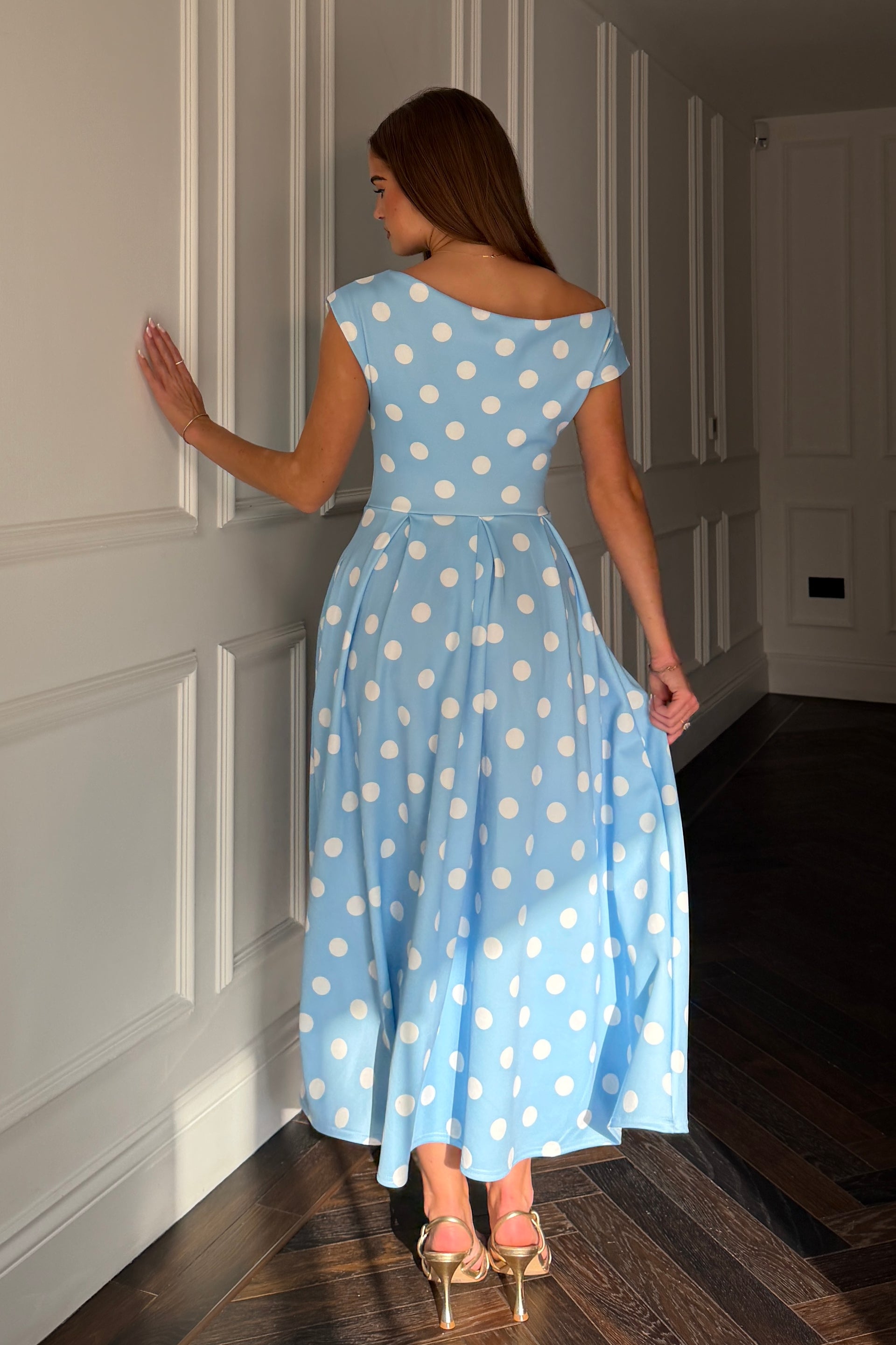 Betty Asymmetric Neckline Skater Midi  Blue Polka