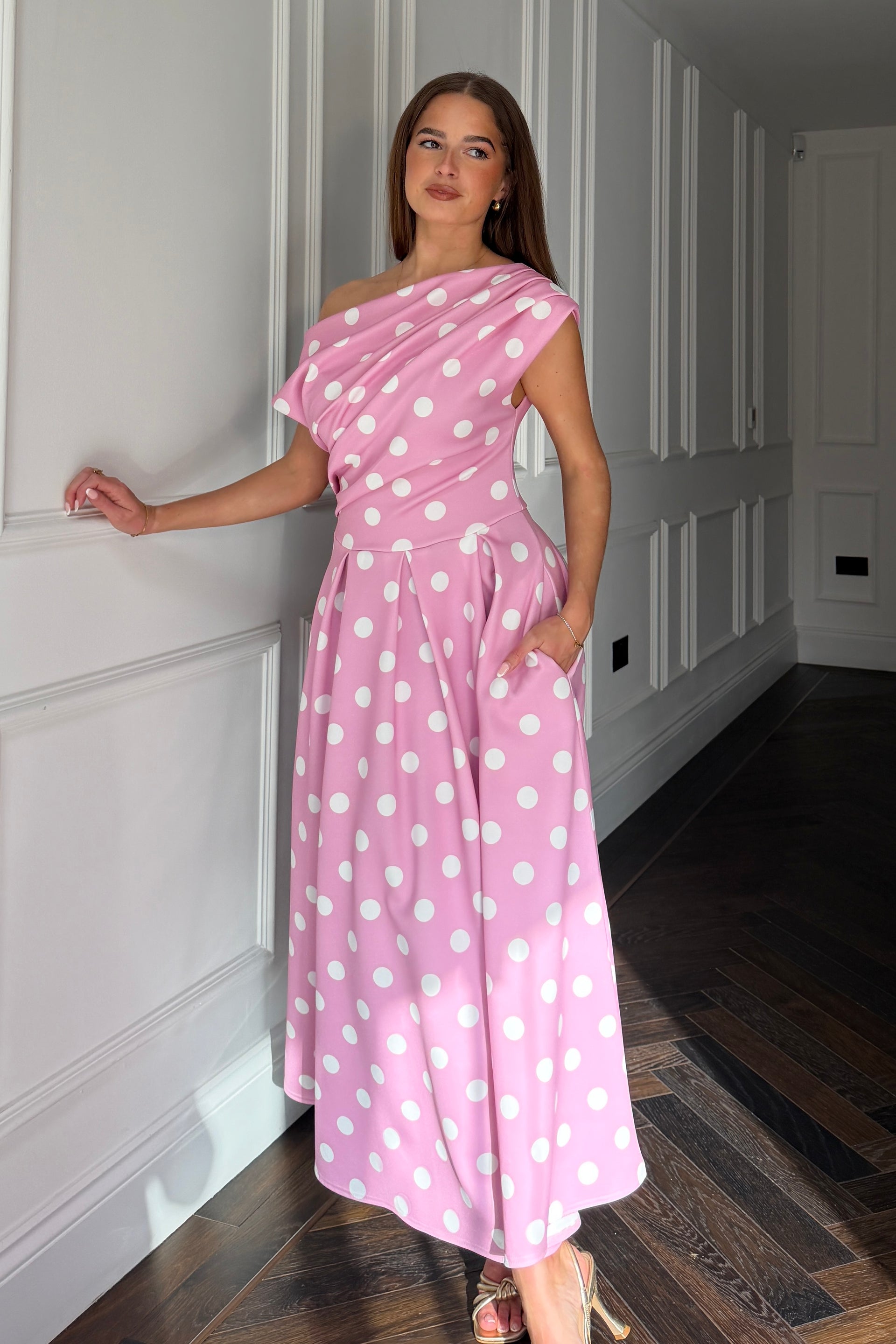 Betty Asymmetric Neckline Skater Midi  Pink Polka