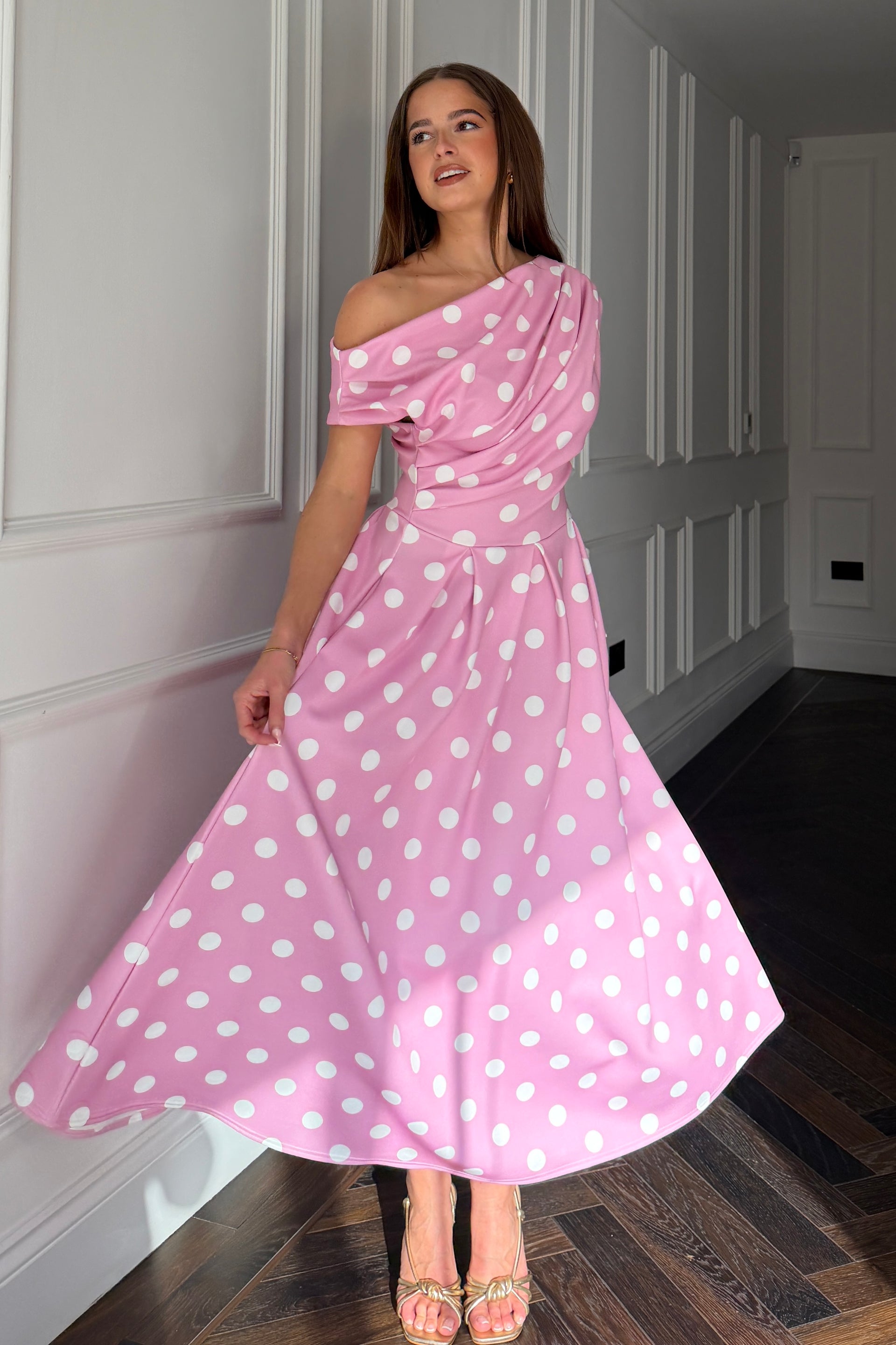 Betty Asymmetric Neckline Skater Midi  Pink Polka