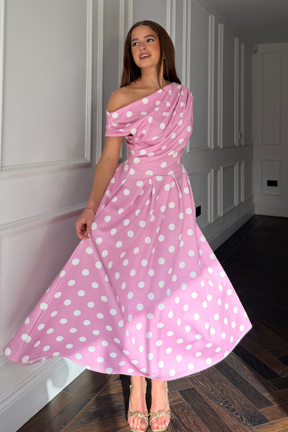 Betty Asymmetric Neckline Skater Midi  Pink Polka