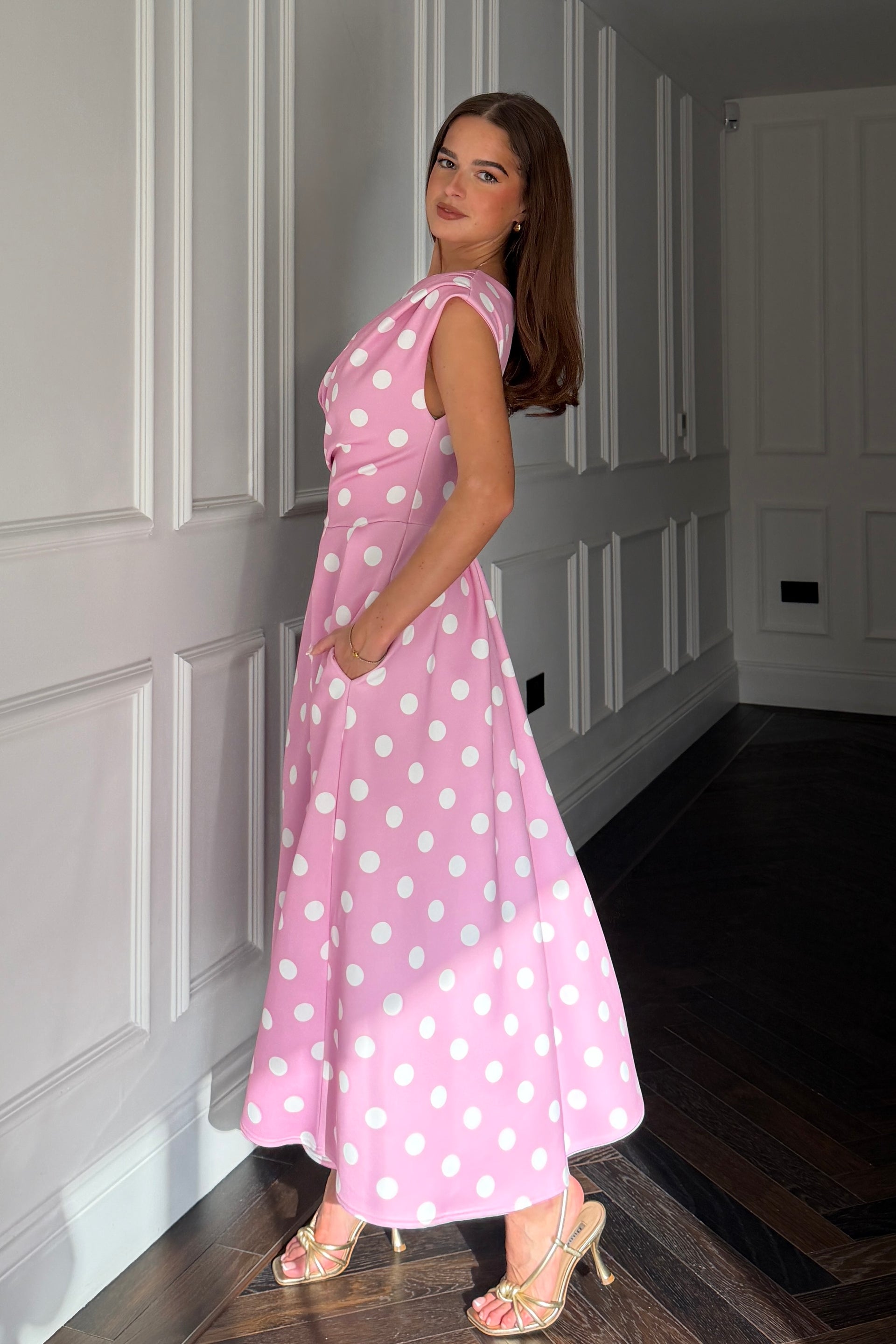 Betty Asymmetric Neckline Skater Midi  Pink Polka