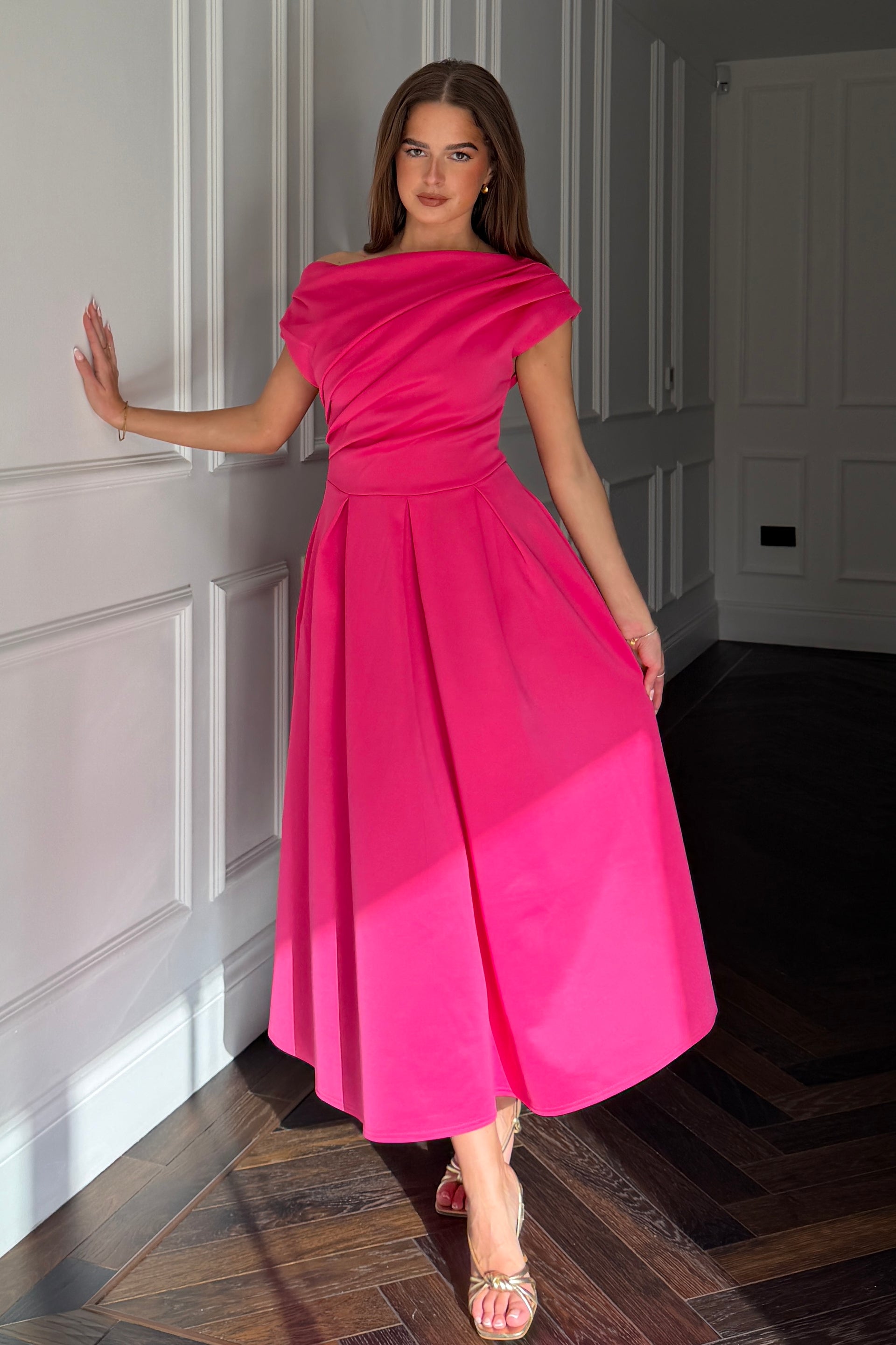 coosy pink betty dress Betty Rosa Pink Polka Dot V-Neck Drape Midi Dress