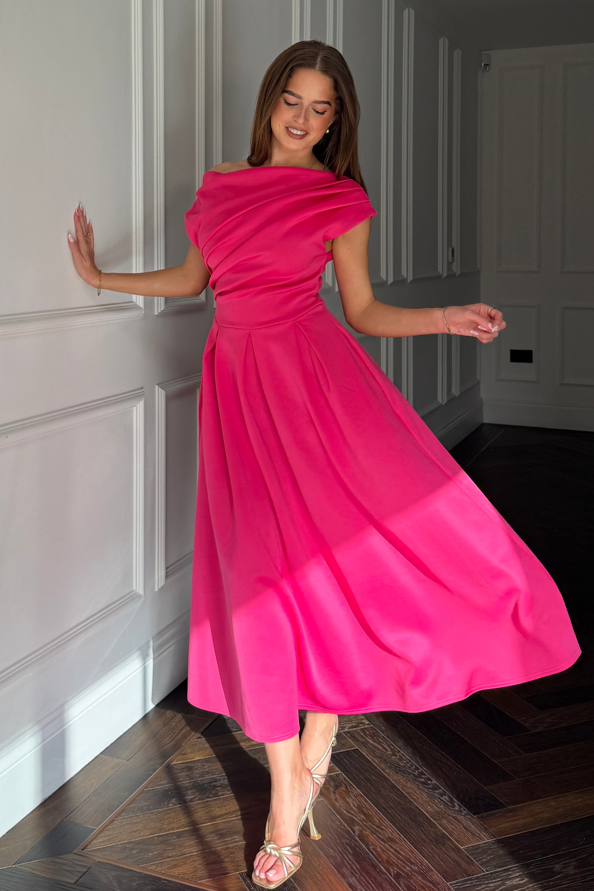 Betty Asymmetric Neckline Skater Midi  Hot Pink