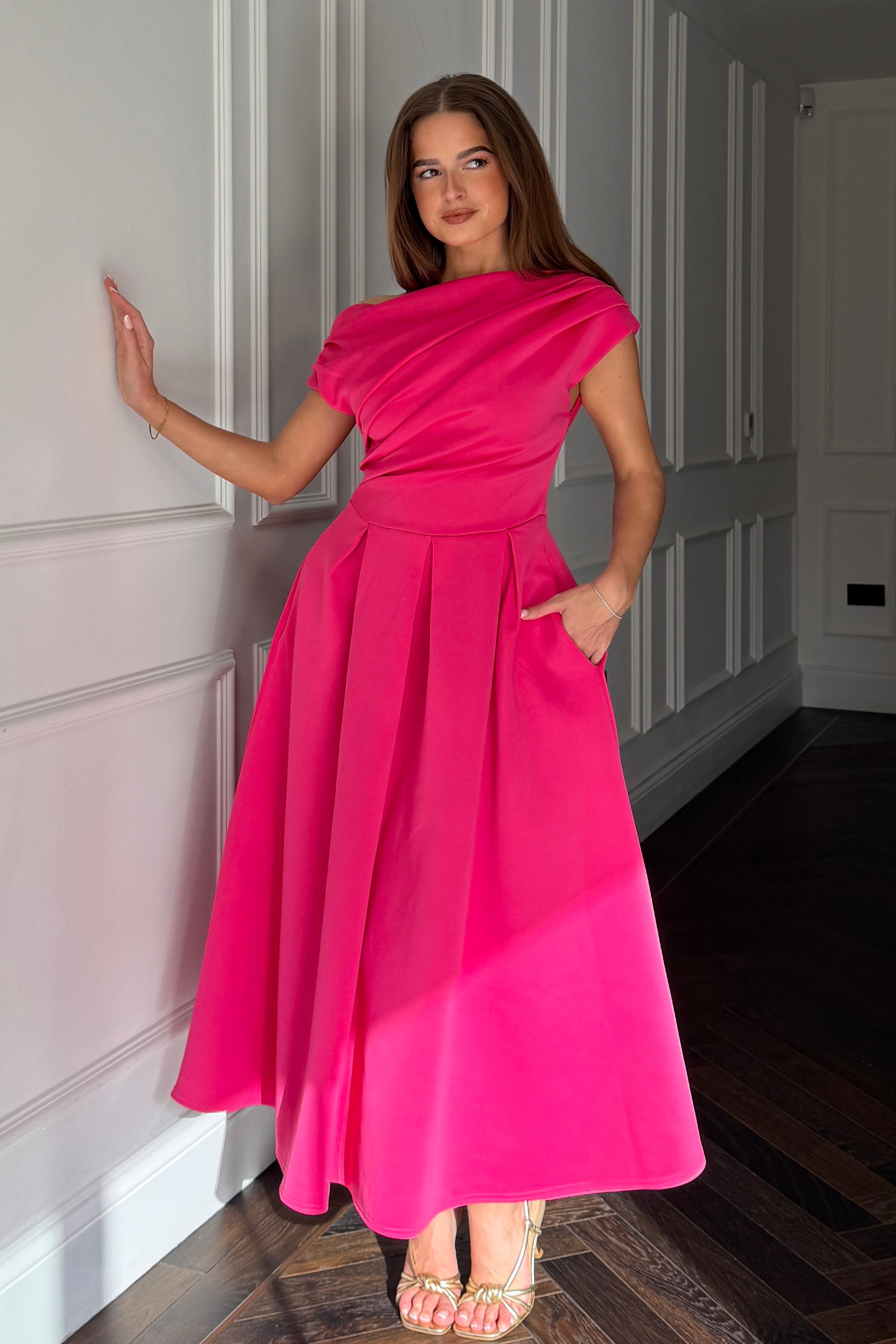 Betty Asymmetric Neckline Skater Midi Hot Pink Girl In Mind Betty Asymmetric Neckline Skater Midi Hot Pink Girl In Mind