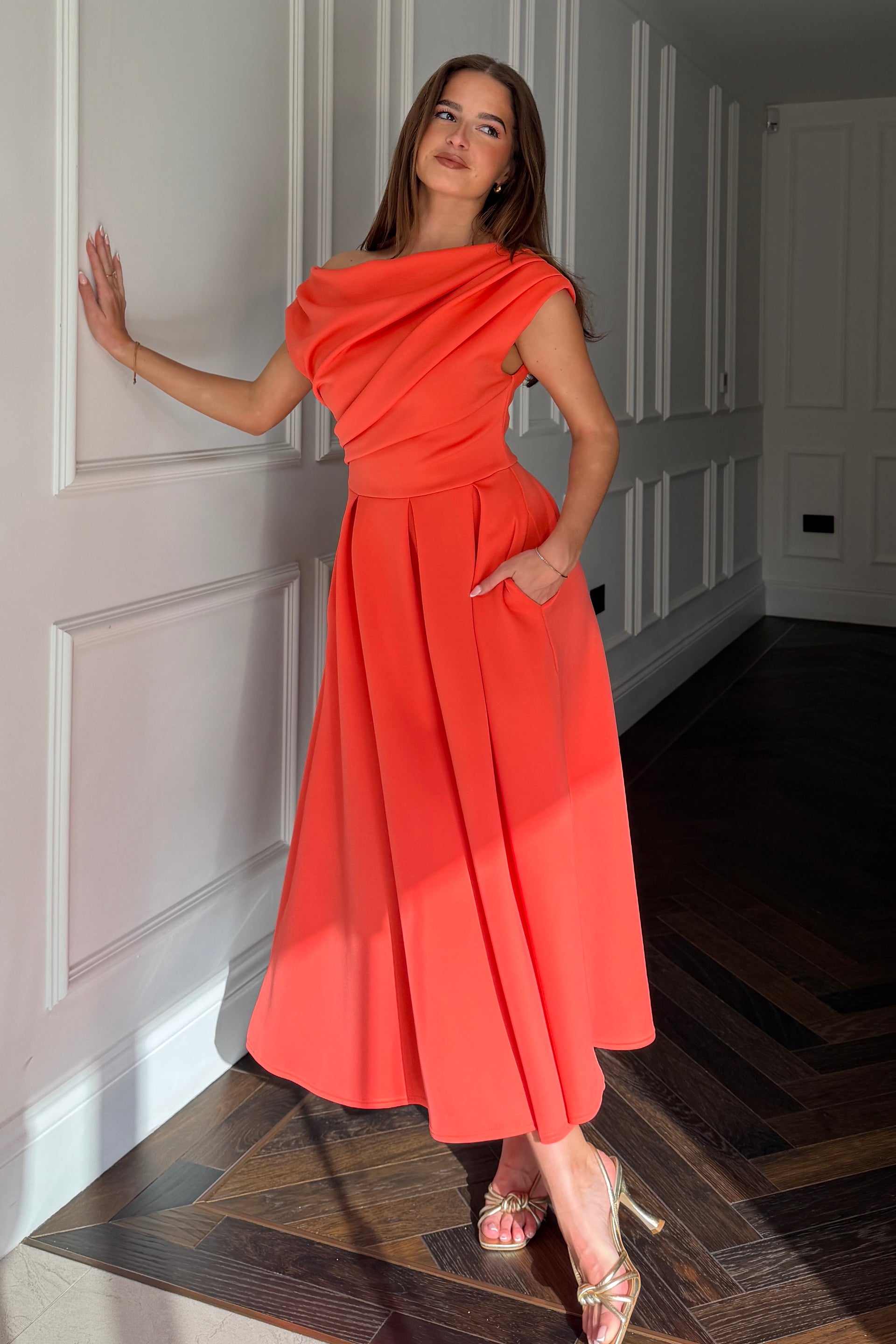 Betty Asymmetric Midi Dress Coral – Girl In Mind