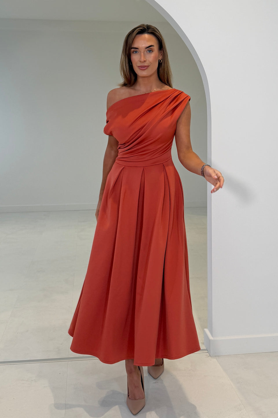 Betty Asymmetric Midi Dress Clay