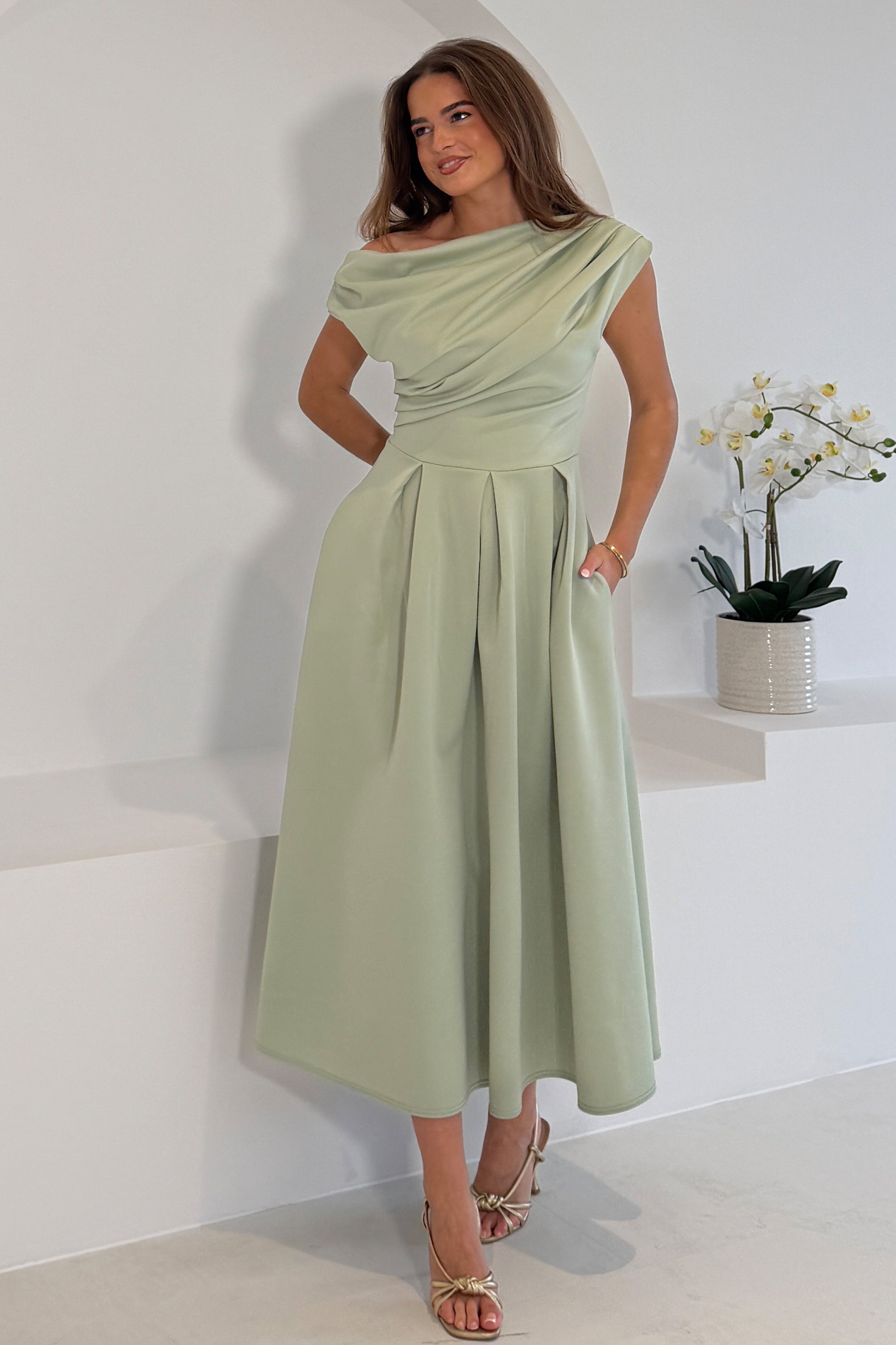 Betty Asymmetric Neckline Skater Midi Dress Sage – Girl In Mind