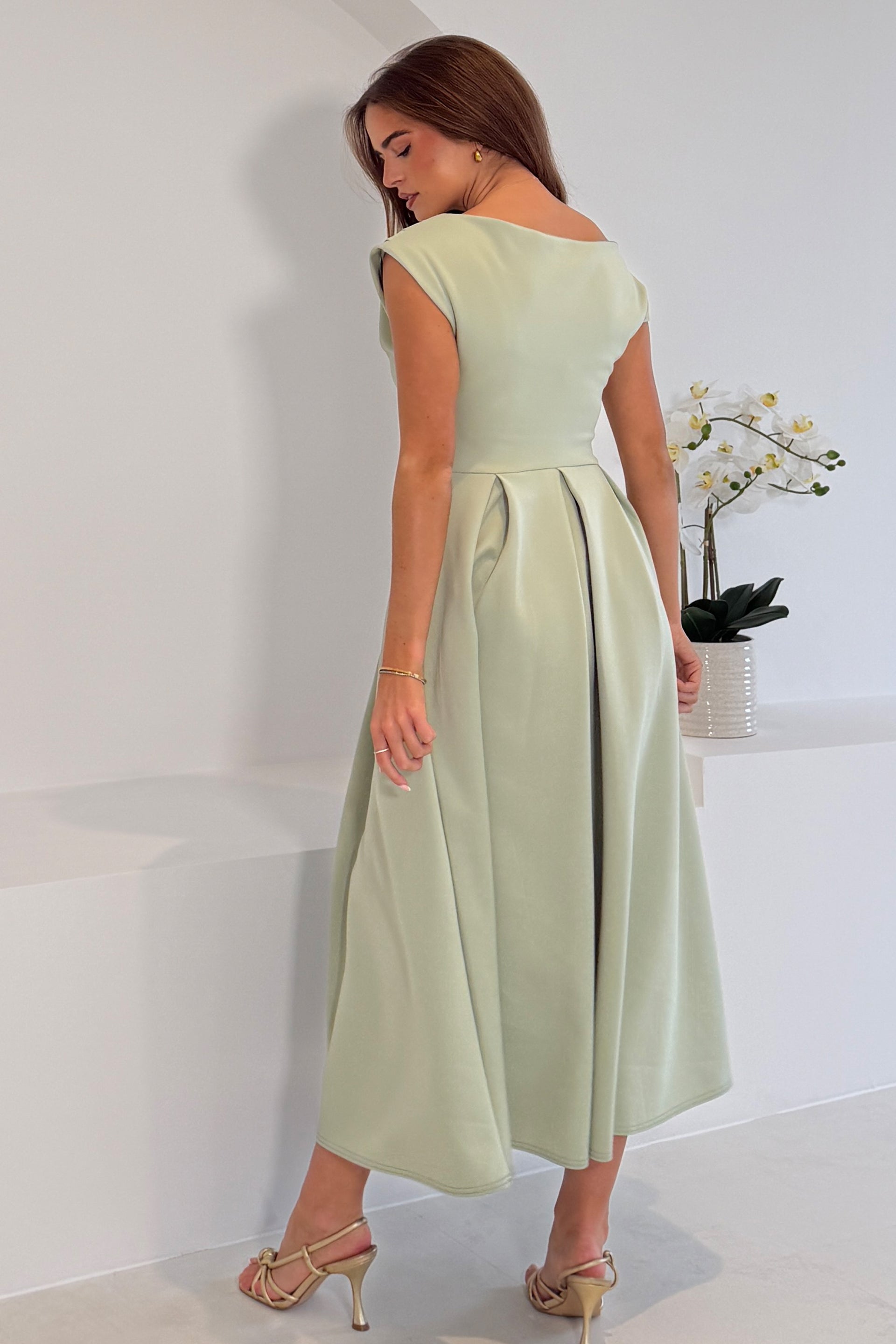 Betty Asymmetric Neckline Skater Midi Dress Sage – Girl In Mind