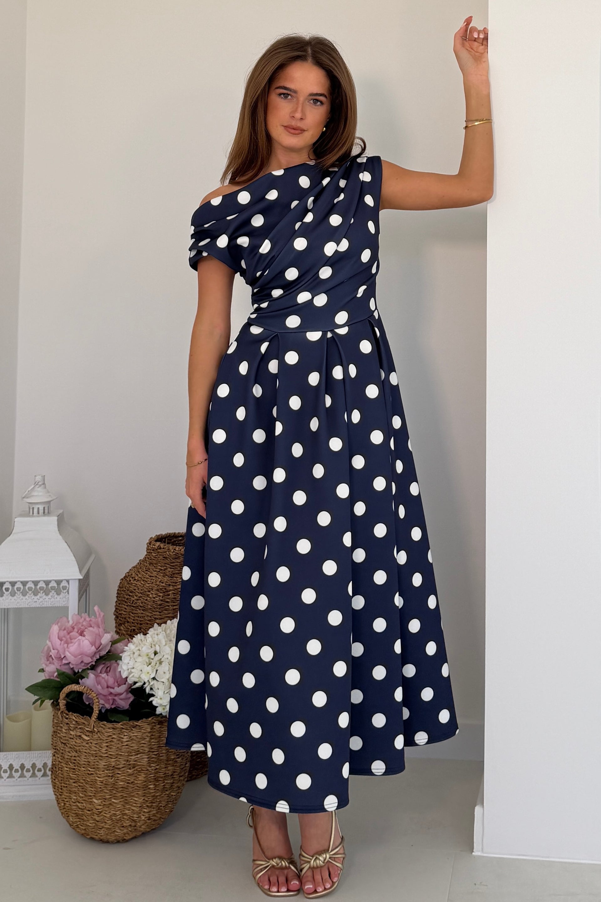 Betty Asymmetric Neckline Skater Mini Dress Navy Polka  Girl In Mind