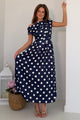 Betty Asymmetric Neckline Skater Midi Dress Navy Polka