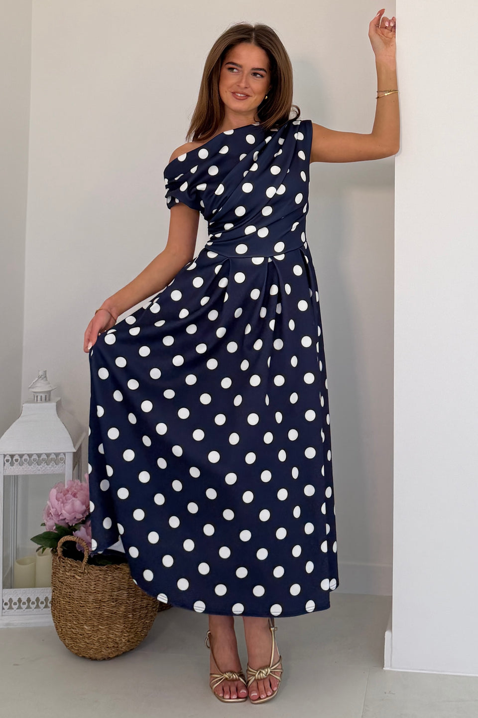 Betty Asymmetric Neckline Skater Mini  Dress Navy Polka