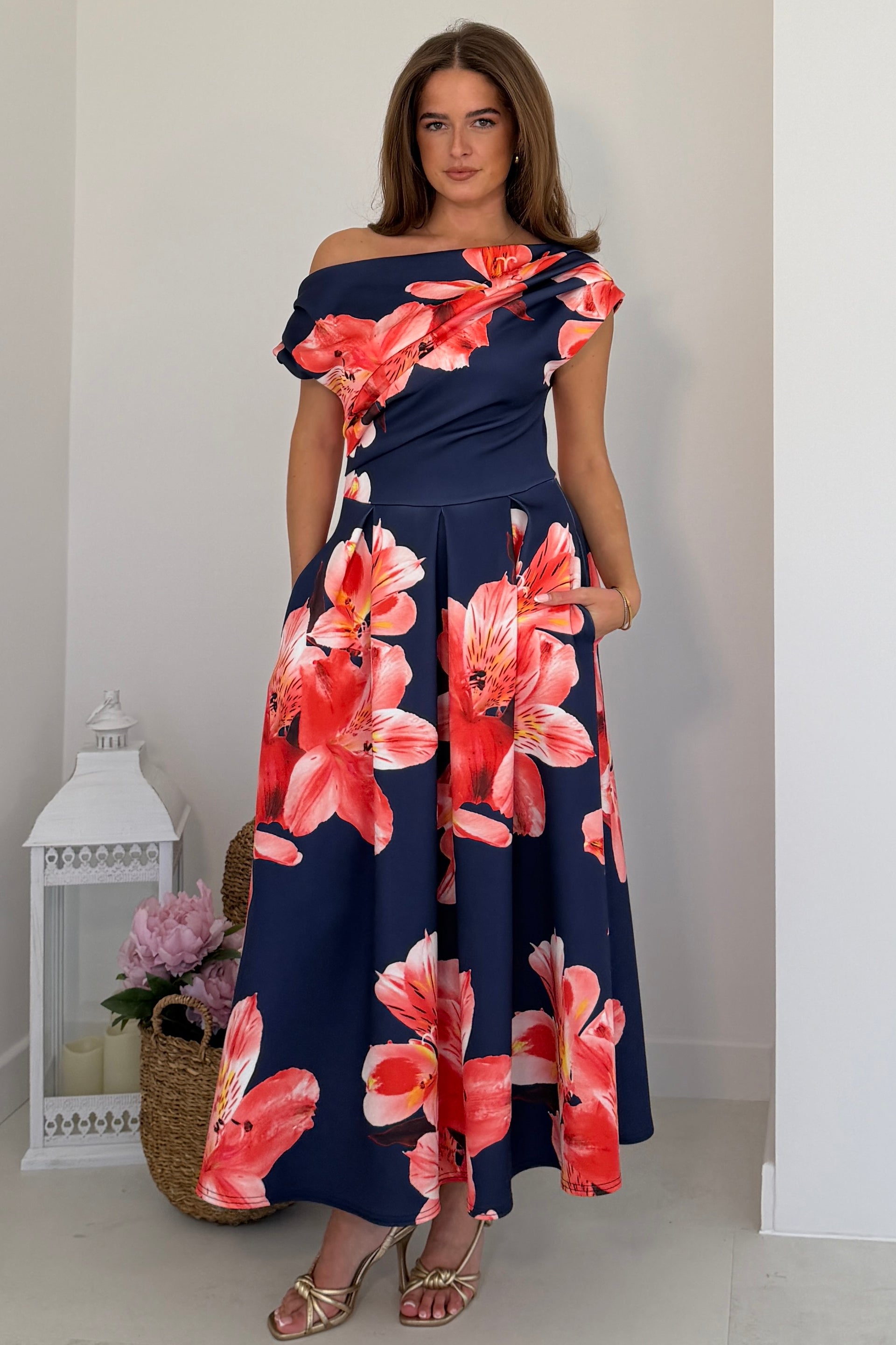 Betty Asymmetric Neckline Floral Print Skater Midi Dress Navy