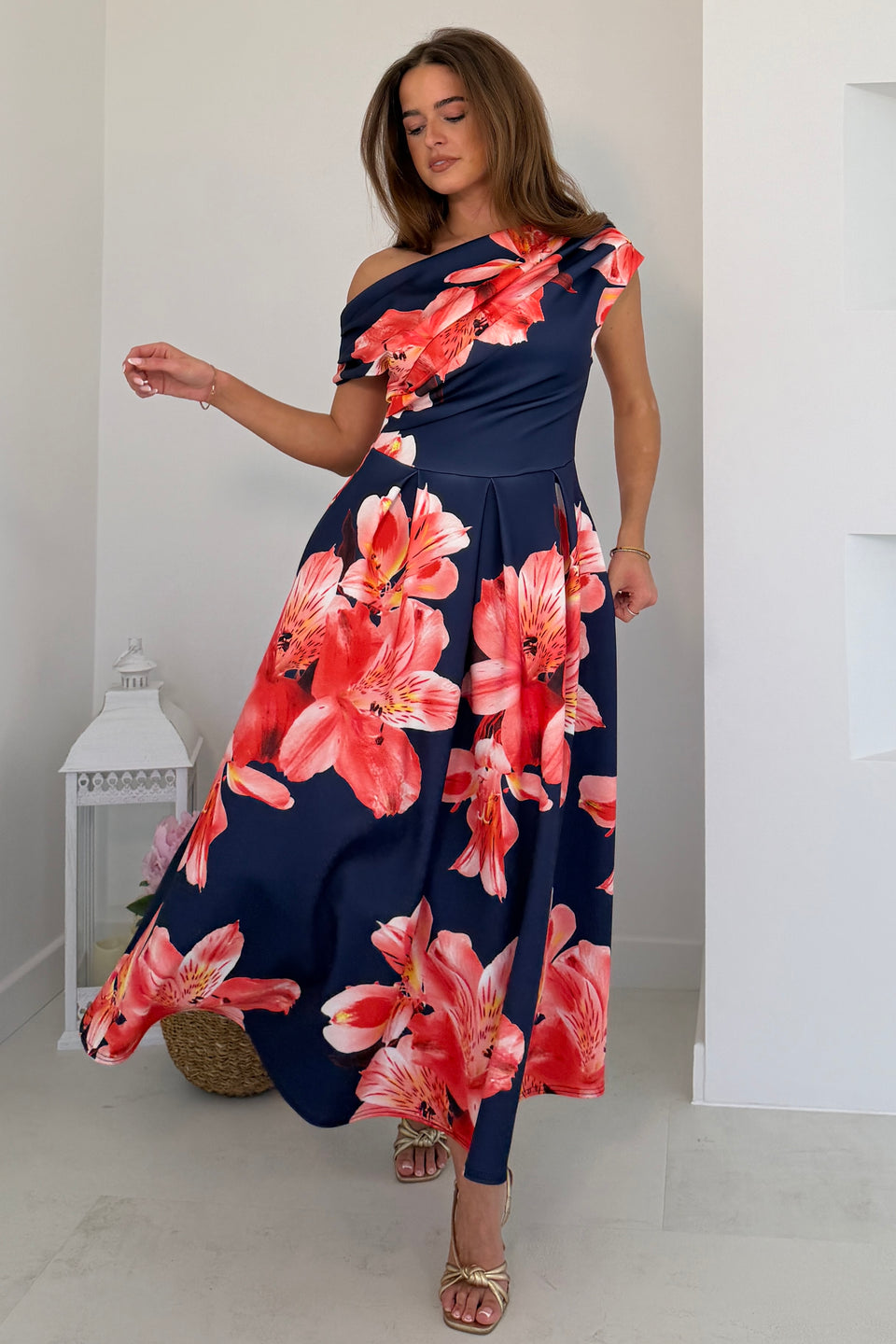 Betty Asymmetric Neckline Floral Print Skater Midi Dress Navy