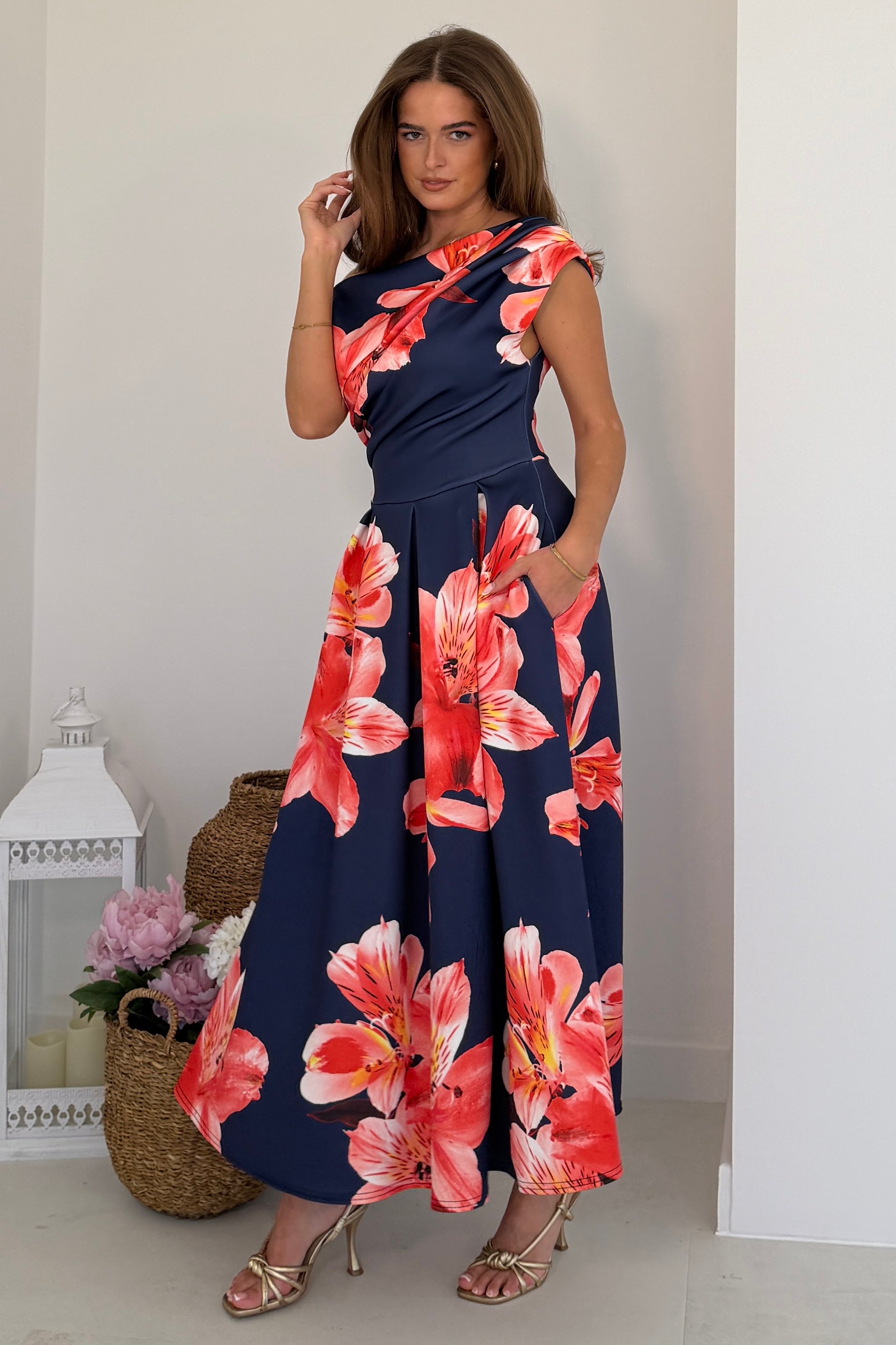 Betty Asymmetric Neckline Floral Print Skater Midi Dress Navy