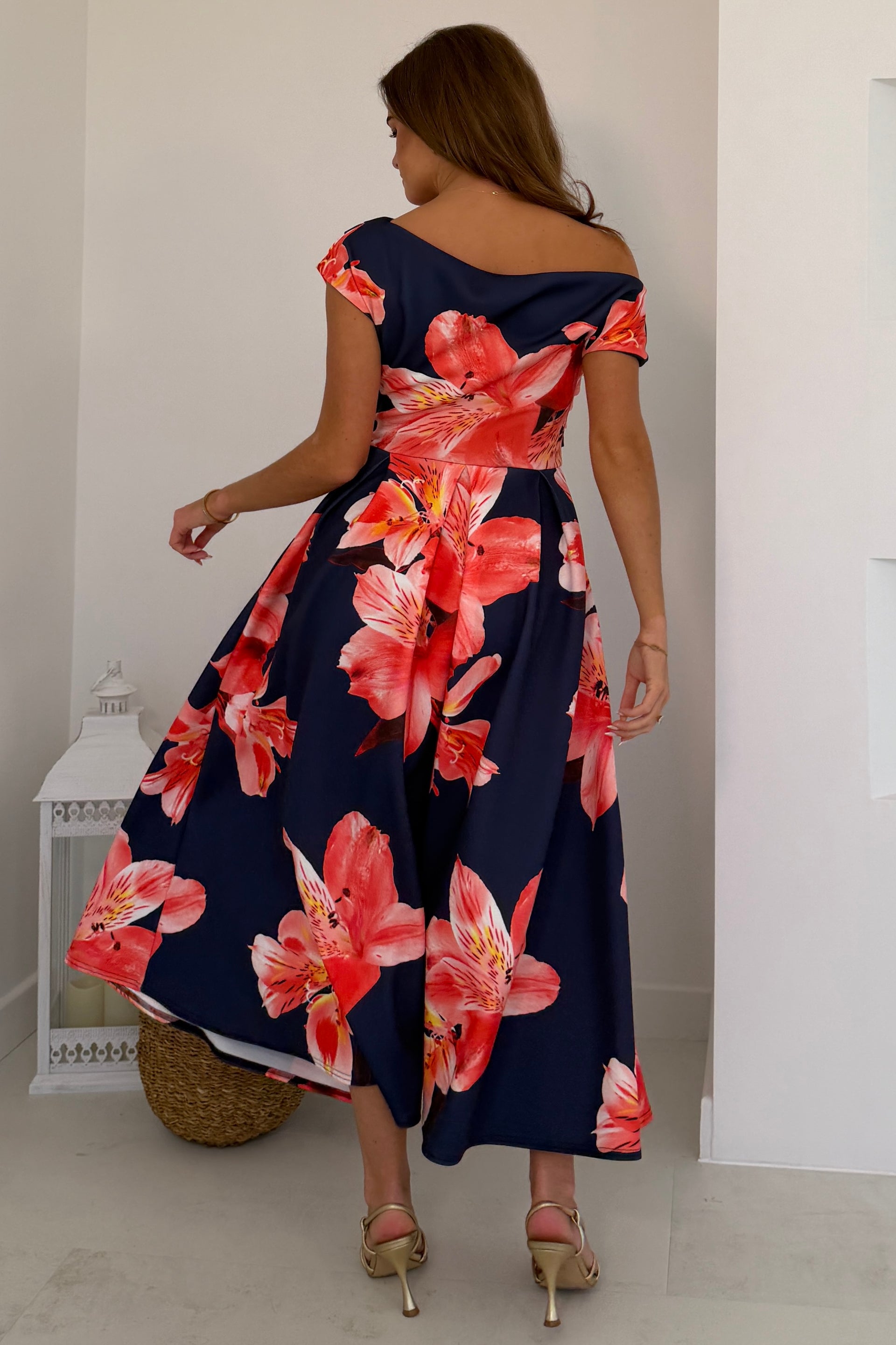 Betty Asymmetric Neckline Floral Print Skater Midi Dress Navy