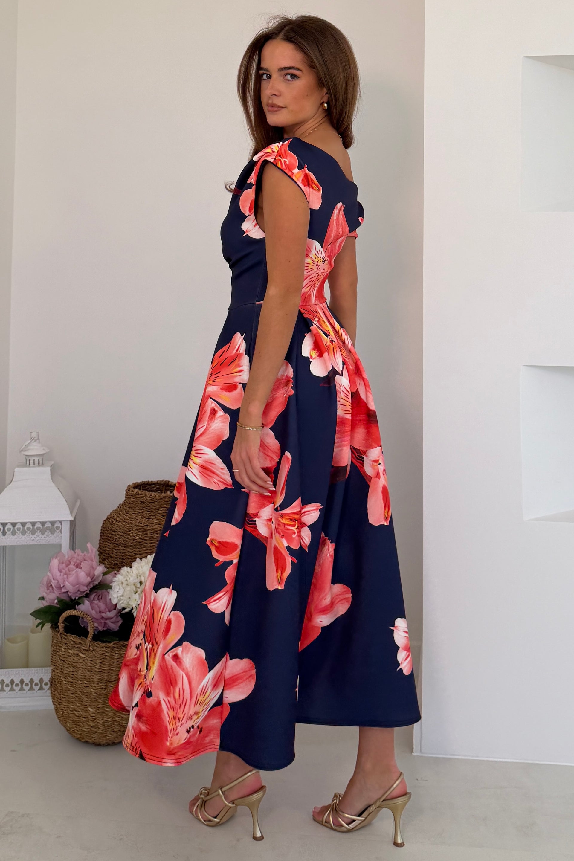 Betty Asymmetric Neckline Floral Print Skater Midi Dress Navy