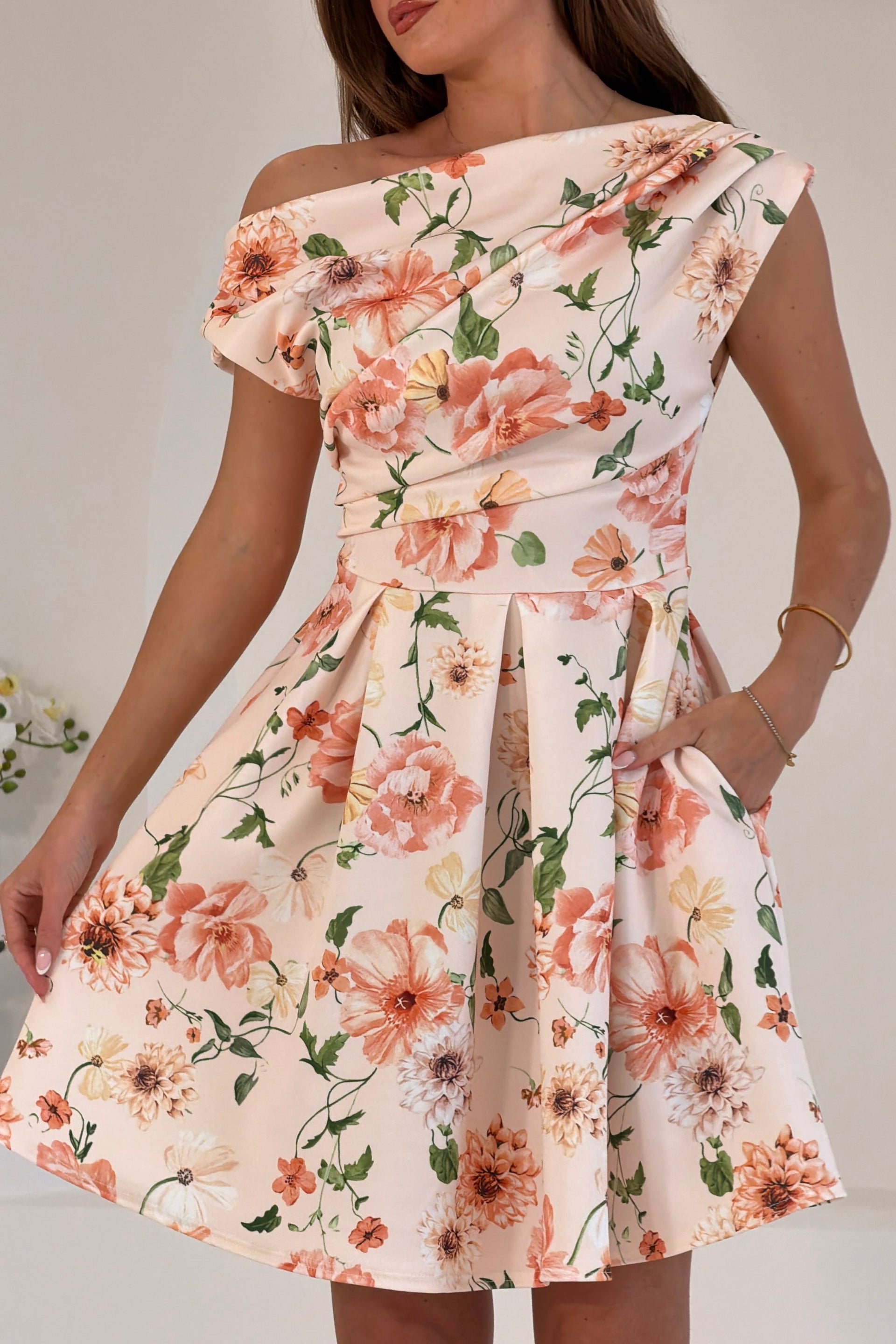 Betty Asymmetric Neckline Skater Mini  Dress Peach