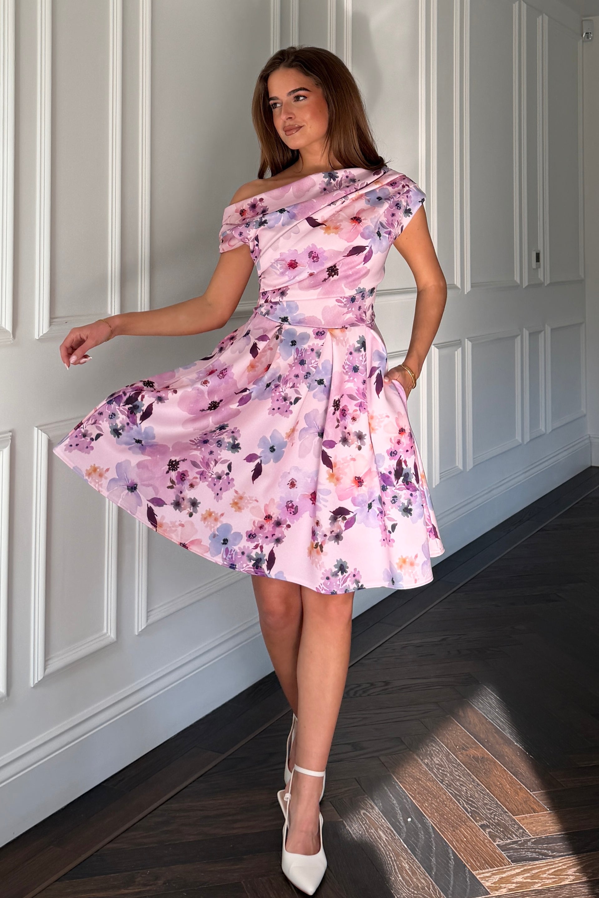 Betty Asymmetric Neckline Skater Mini Dress Lilac