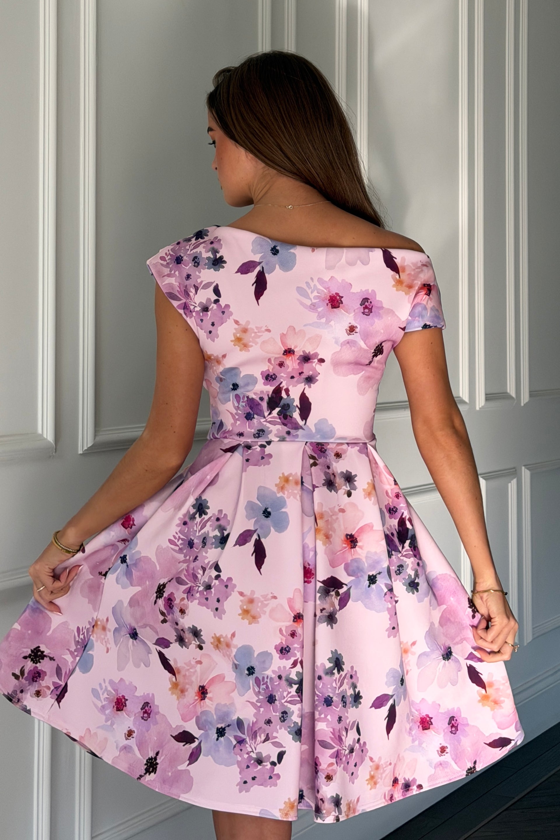 Betty Asymmetric Neckline Skater Mini Dress Lilac