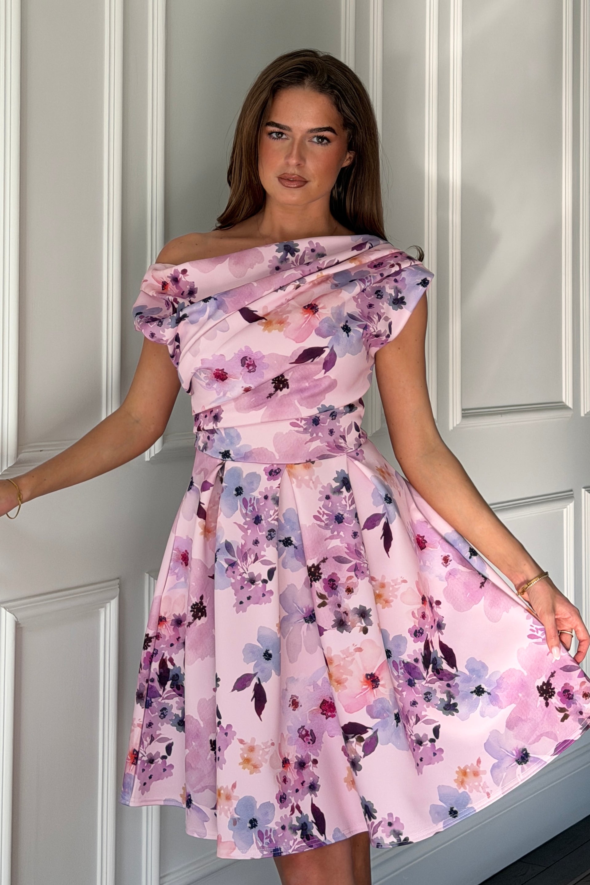 Betty Asymmetric Neckline Skater Mini Dress Lilac