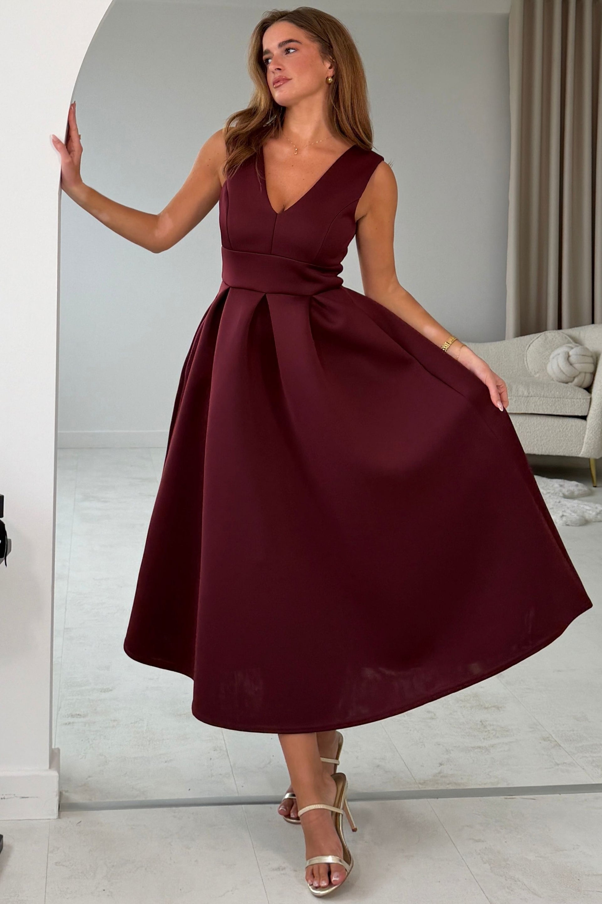Bethany V Neck Skater Midi Cherry