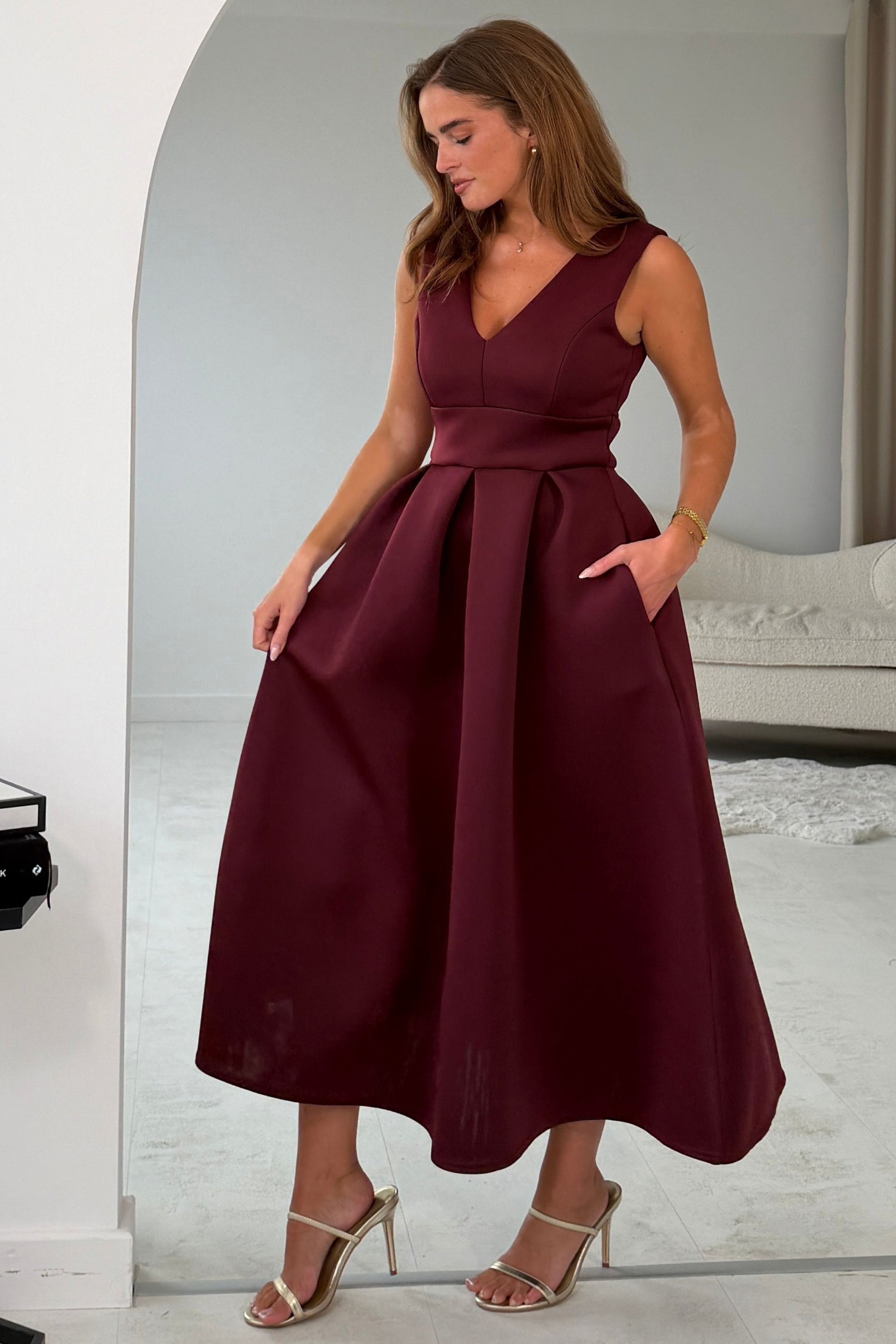 Bethany V Neck Skater Midi Cherry