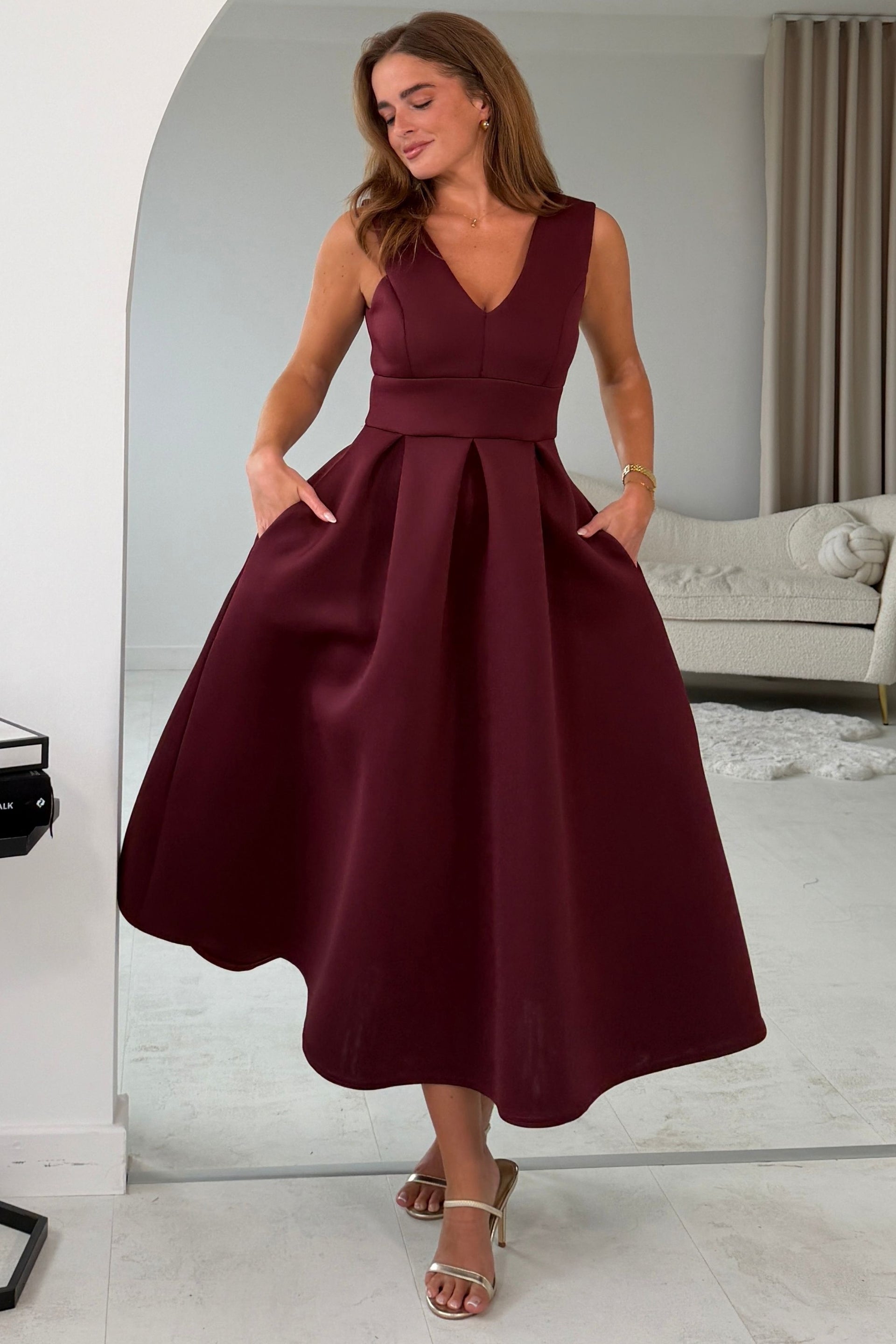 Bethany V Neck Skater Midi Cherry