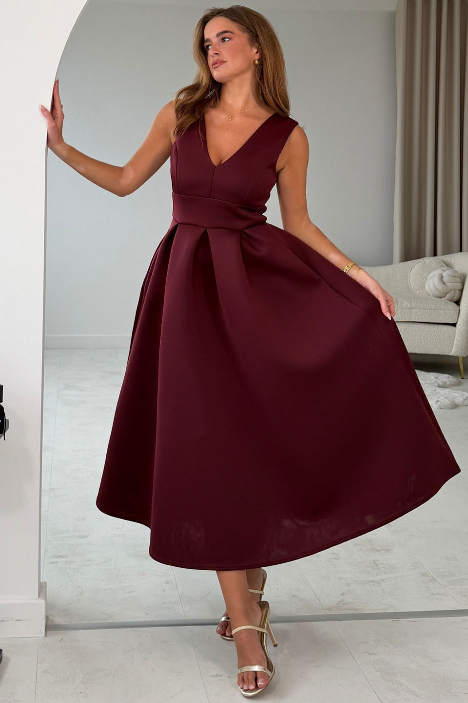Bethany V Neck Skater Midi Cherry