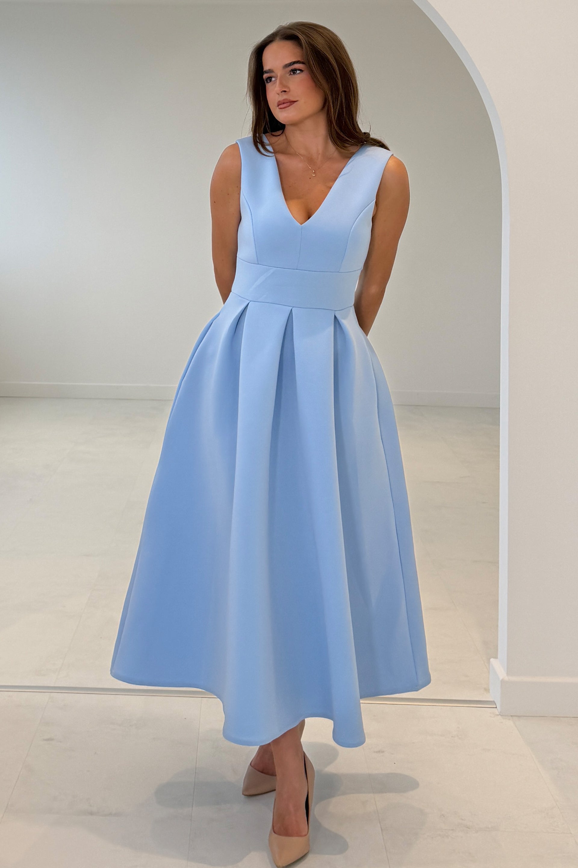 Bethany V Neck Skater Midi Blue