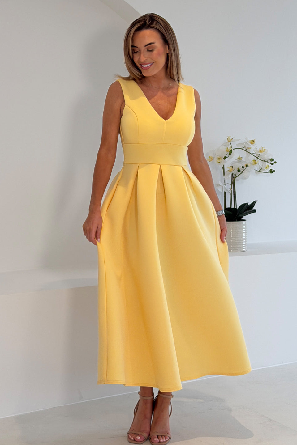 Bethany V Neck Skater Midi Yellow