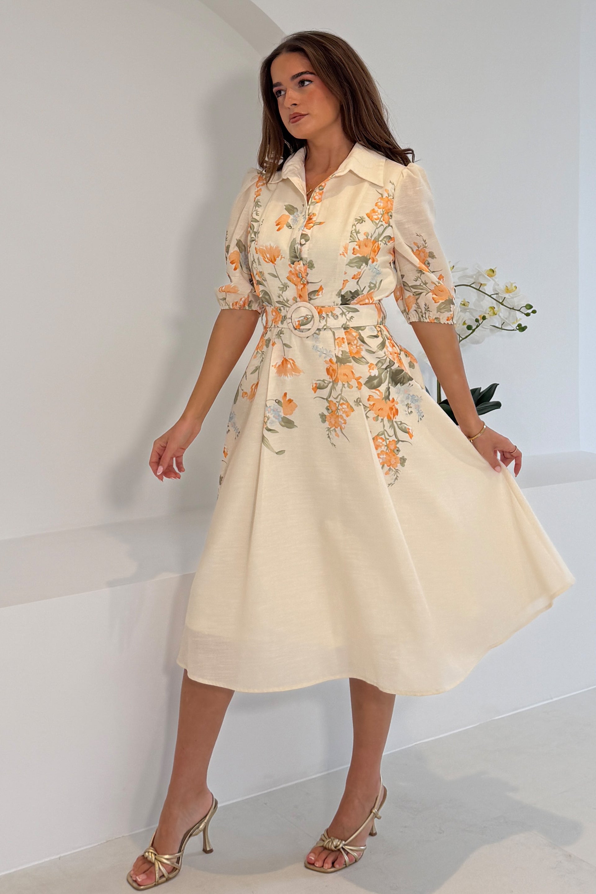 Renata Floral Boarder Print Print Midi Dress Cream