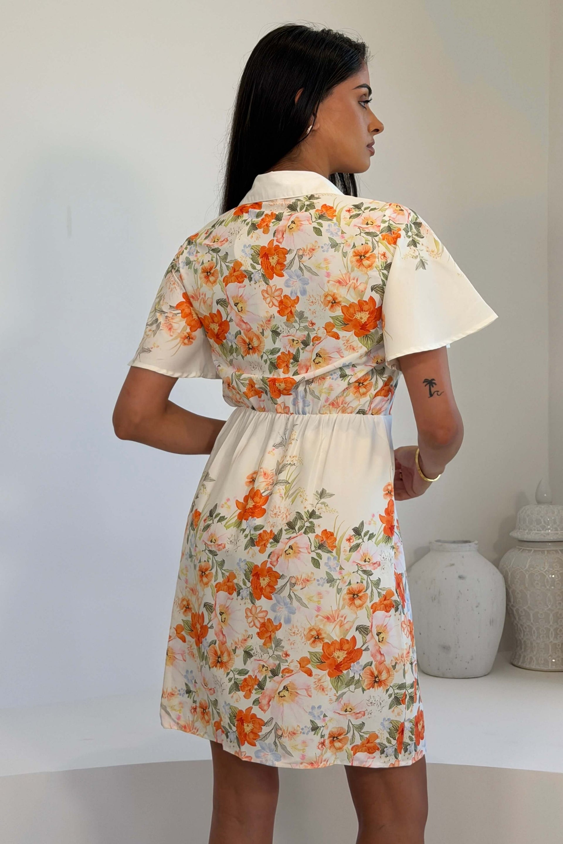 Livia Tie Waist Short Sleeve Printed Mini Dress Ivory