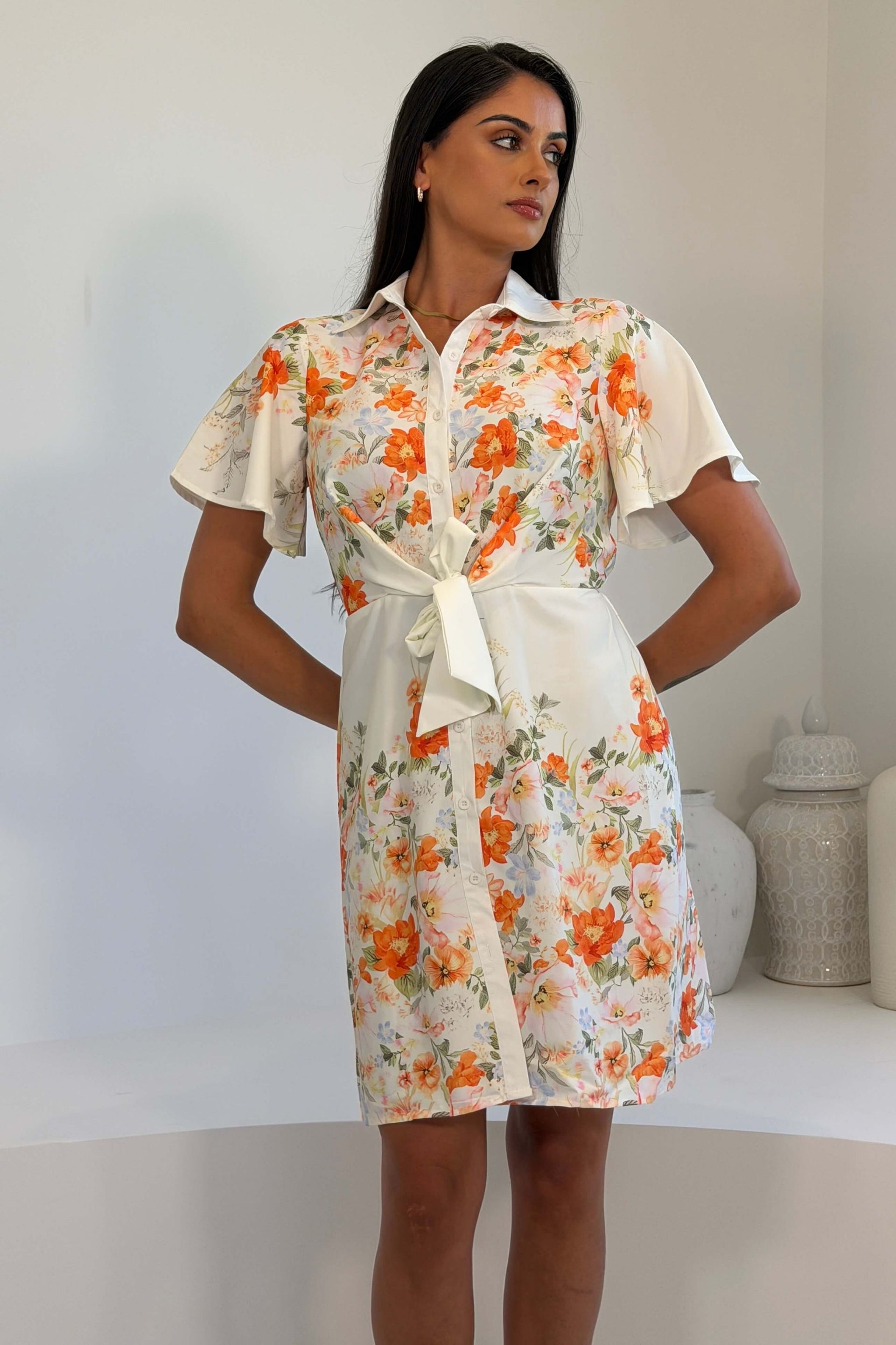 Livia Tie Waist Short Sleeve Printed Mini Dress Ivory