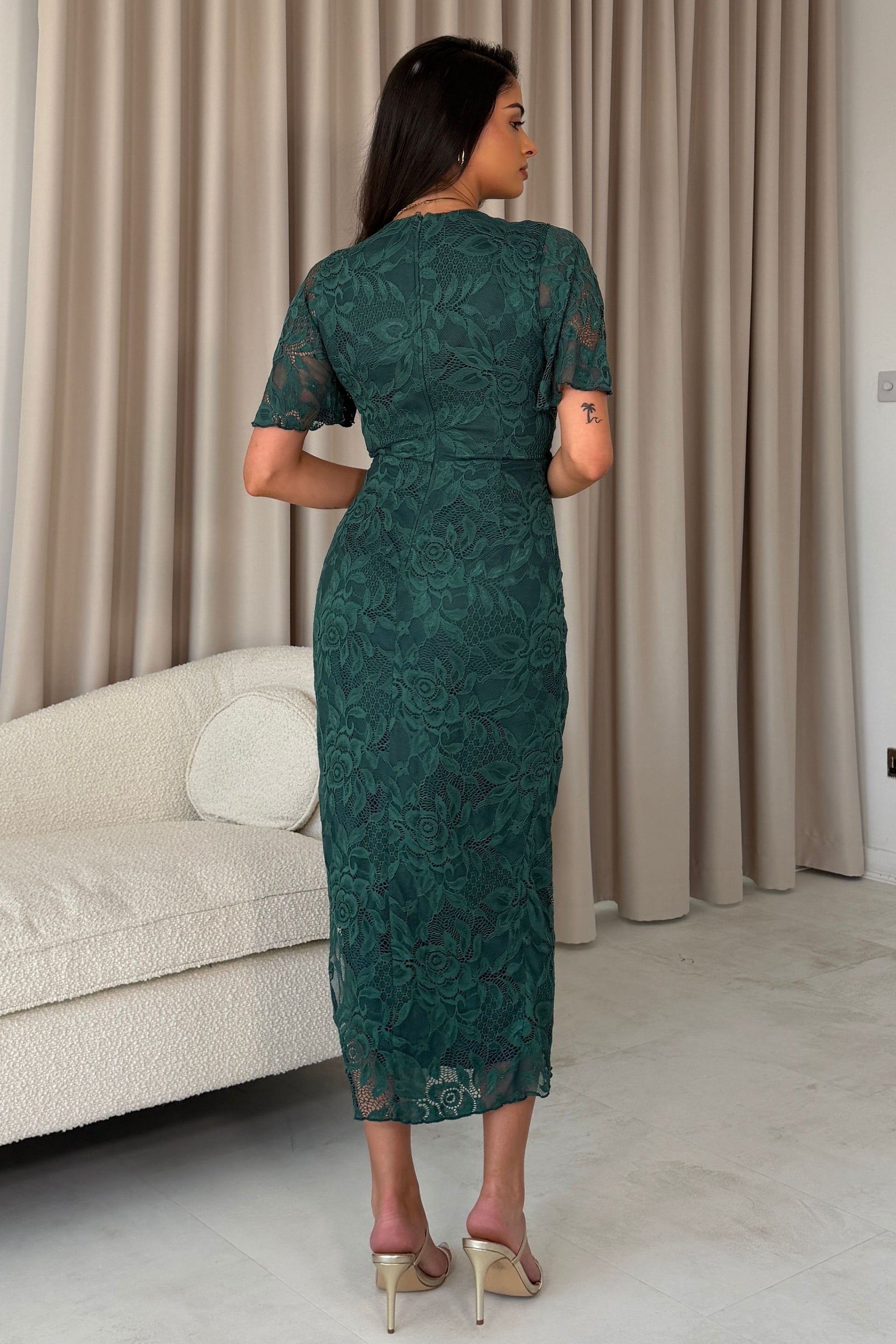 Natasha Angel Sleeve Wrap Midi Dress In Green