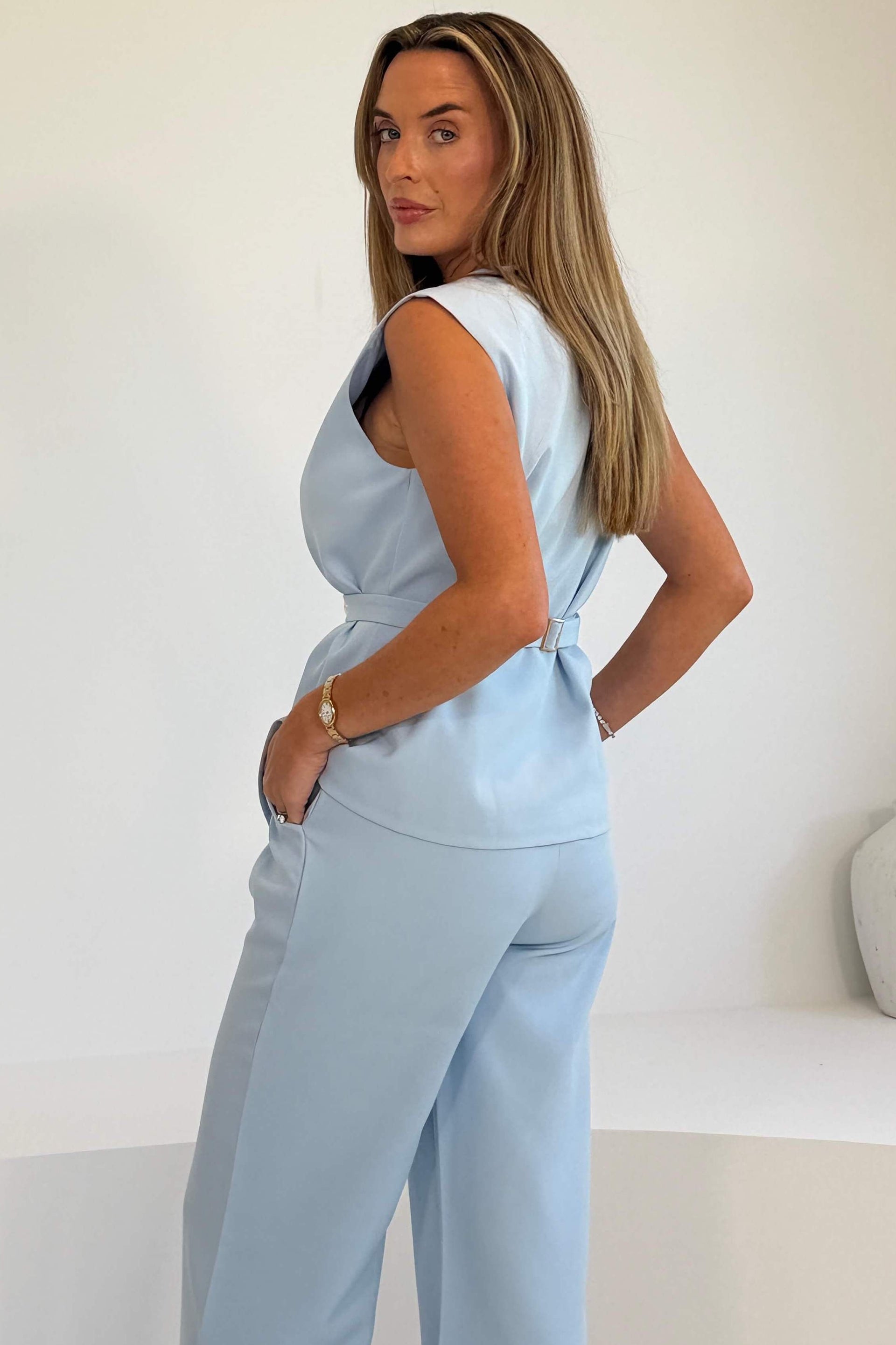 Luni Belted Button Waistcoat Sky Blue