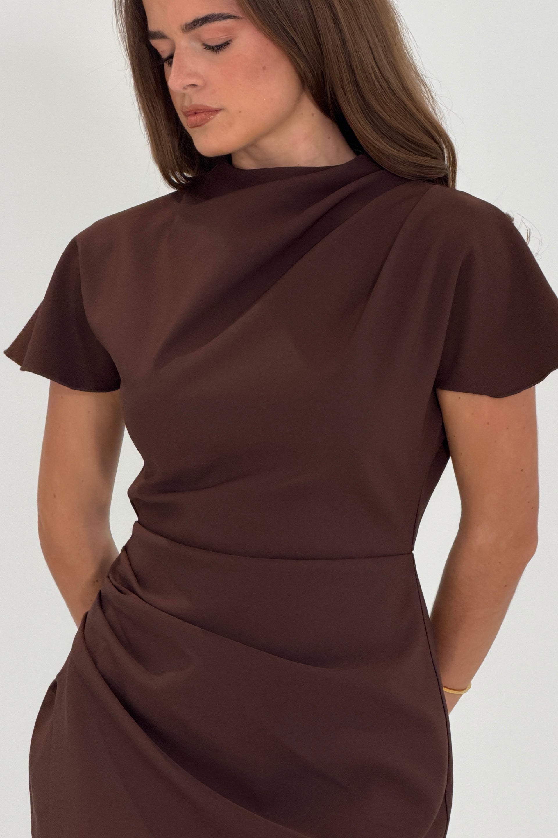 Kiya Pleated Wrap Over Mini Dress Chocolate