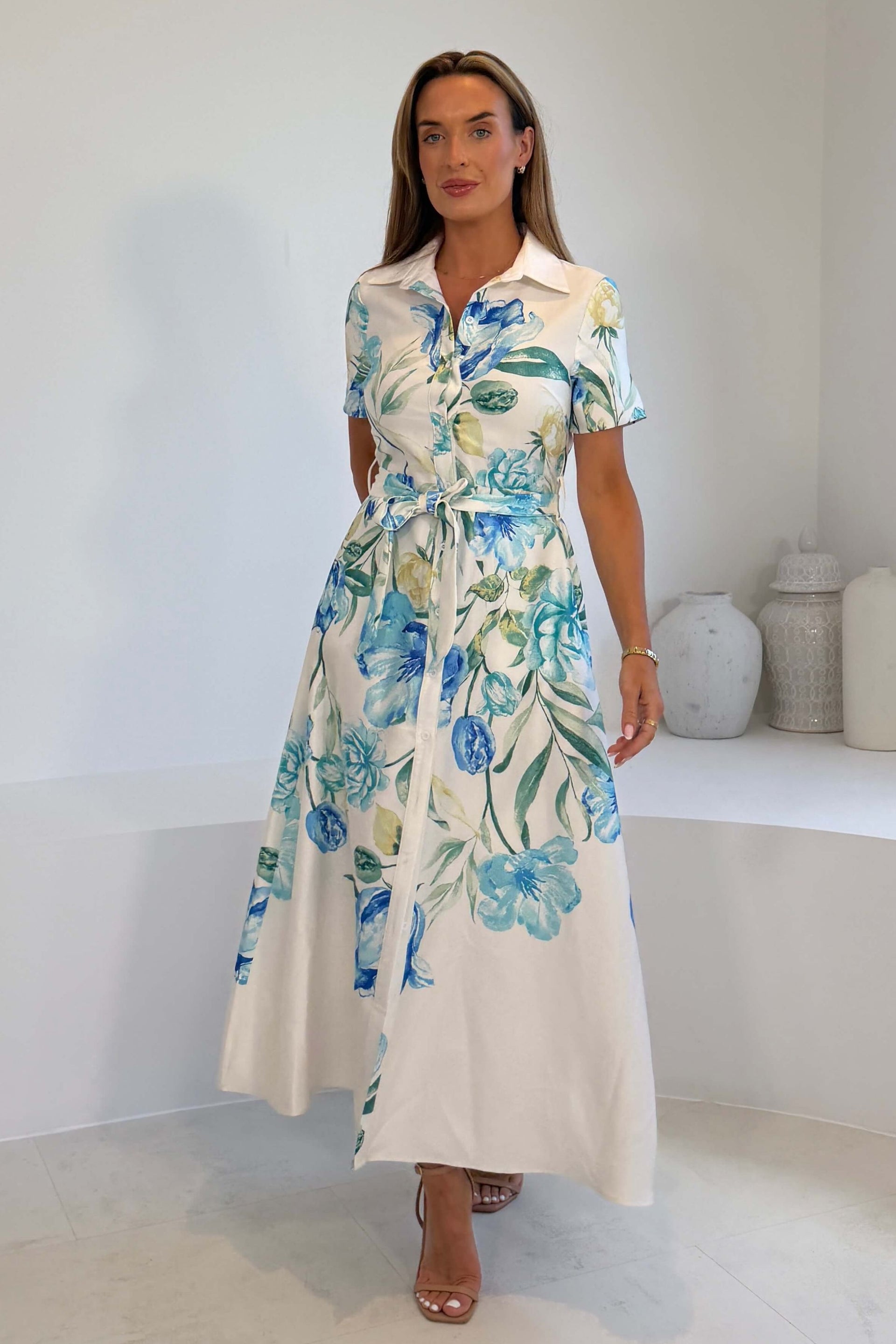 Roselia Floral Belted Maxi Shirt Dress Ivory – Girl In Mind