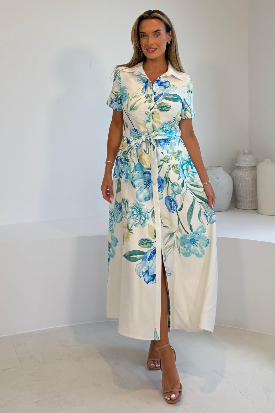 Roselia Floral Belted Maxi Shirt Dress Ivory