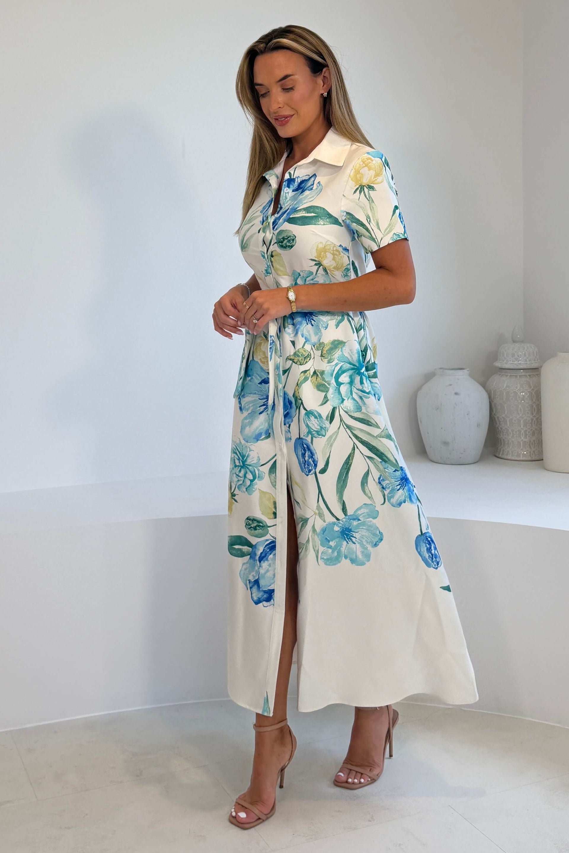 Roselia Floral Belted Maxi Shirt Dress Ivory