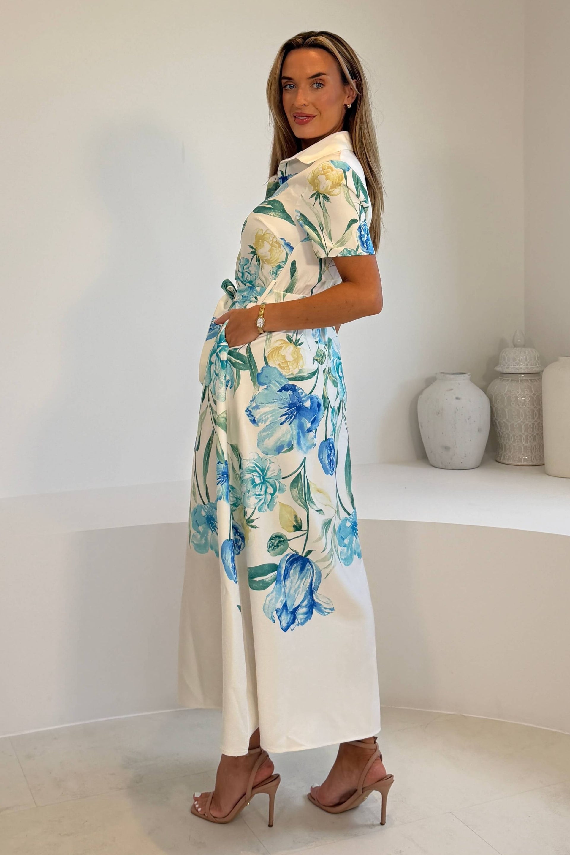 Roselia Floral Belted Maxi Shirt Dress Ivory