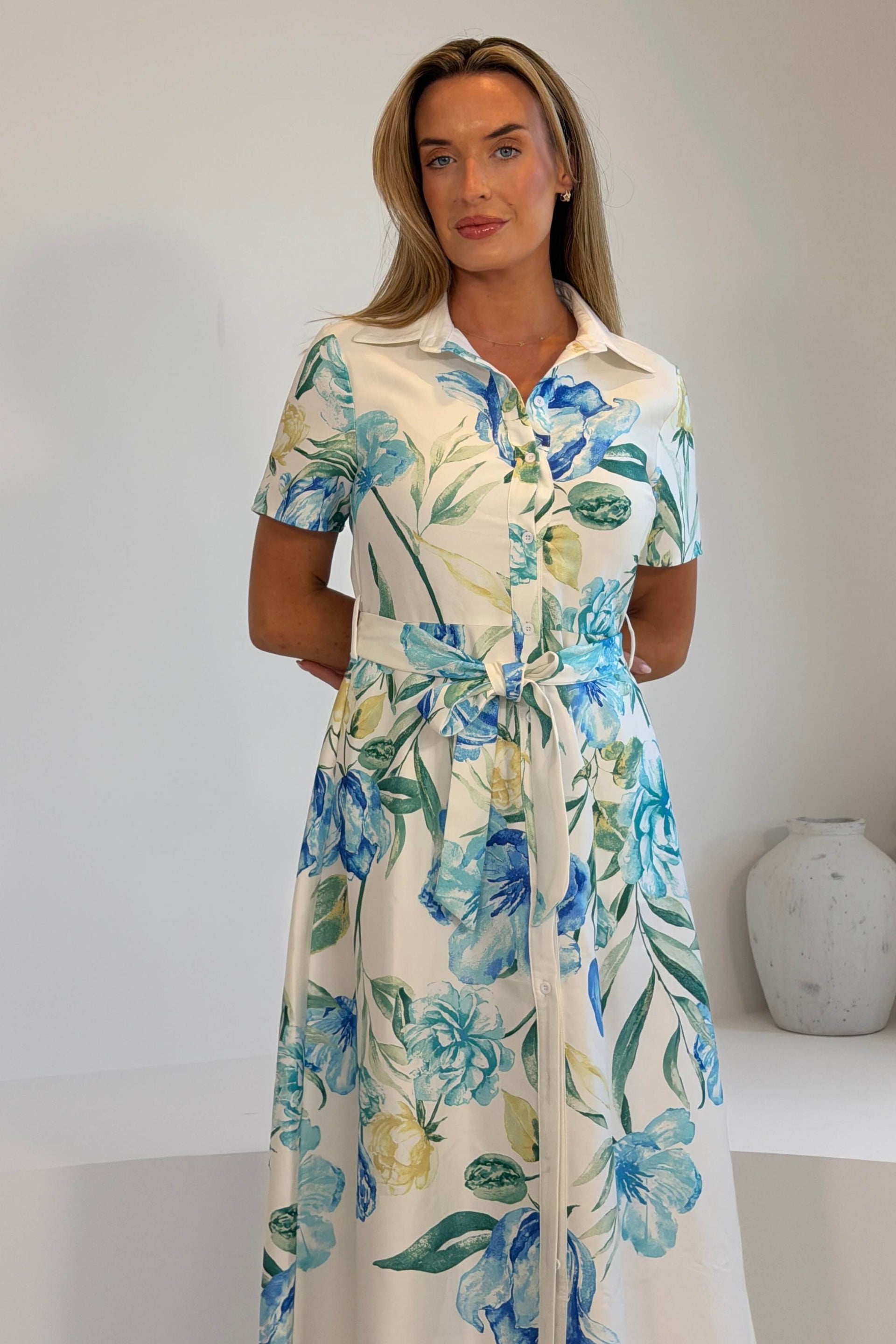 Roselia Floral Belted Maxi Shirt Dress Ivory