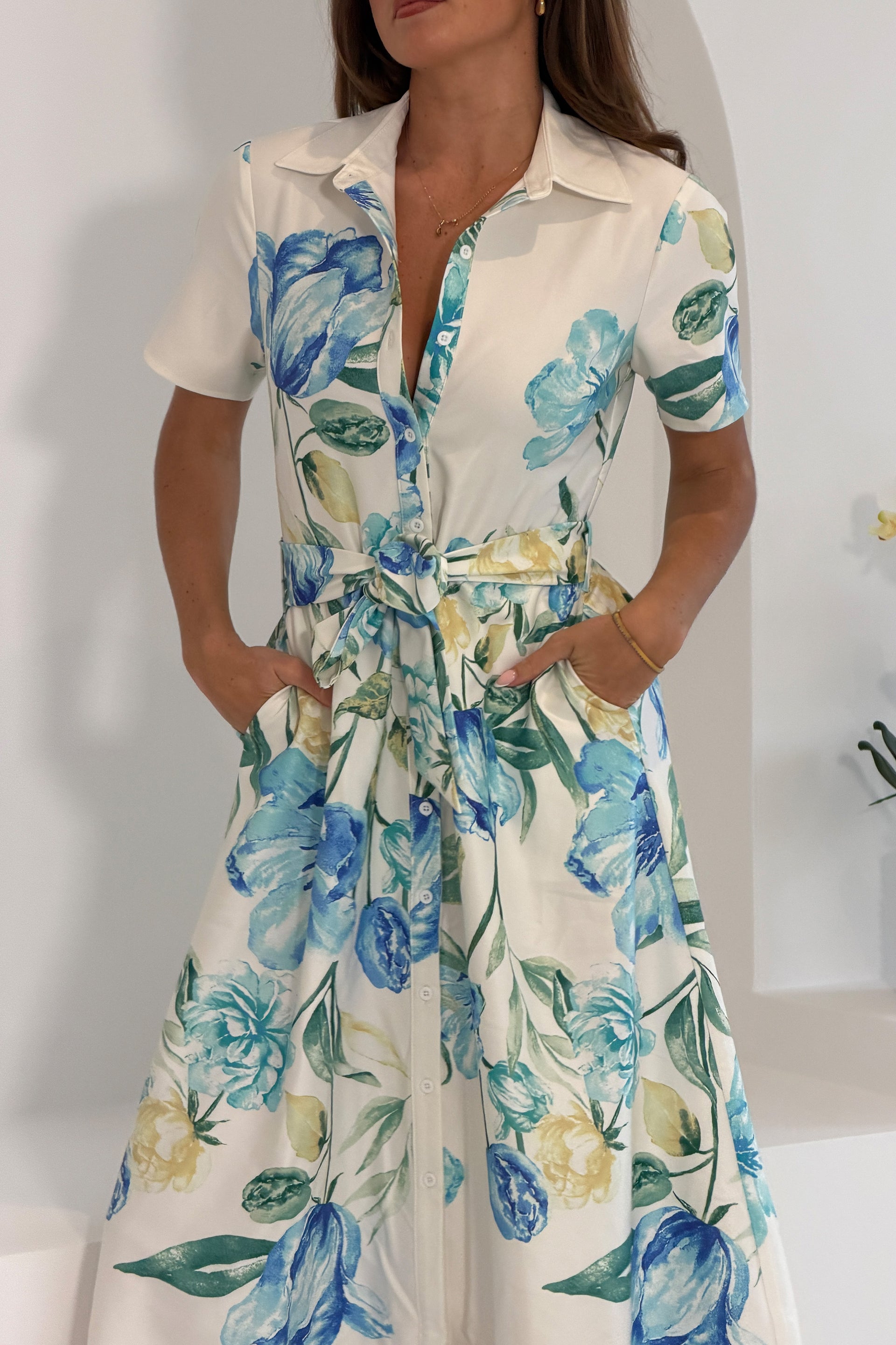 Roselia Floral Belted Maxi Shirt Dress Ivory