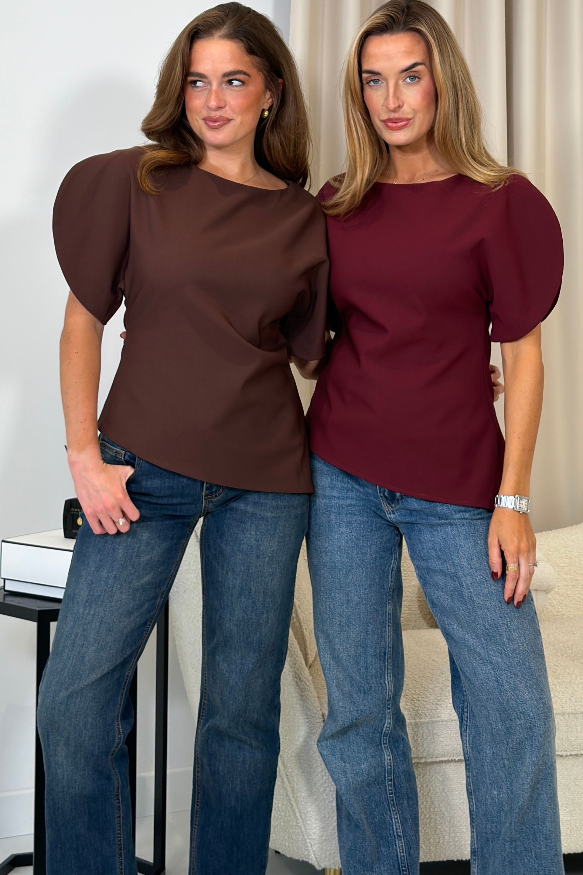 LilyMae Satin Split Sleeve Asymetric Top Brown