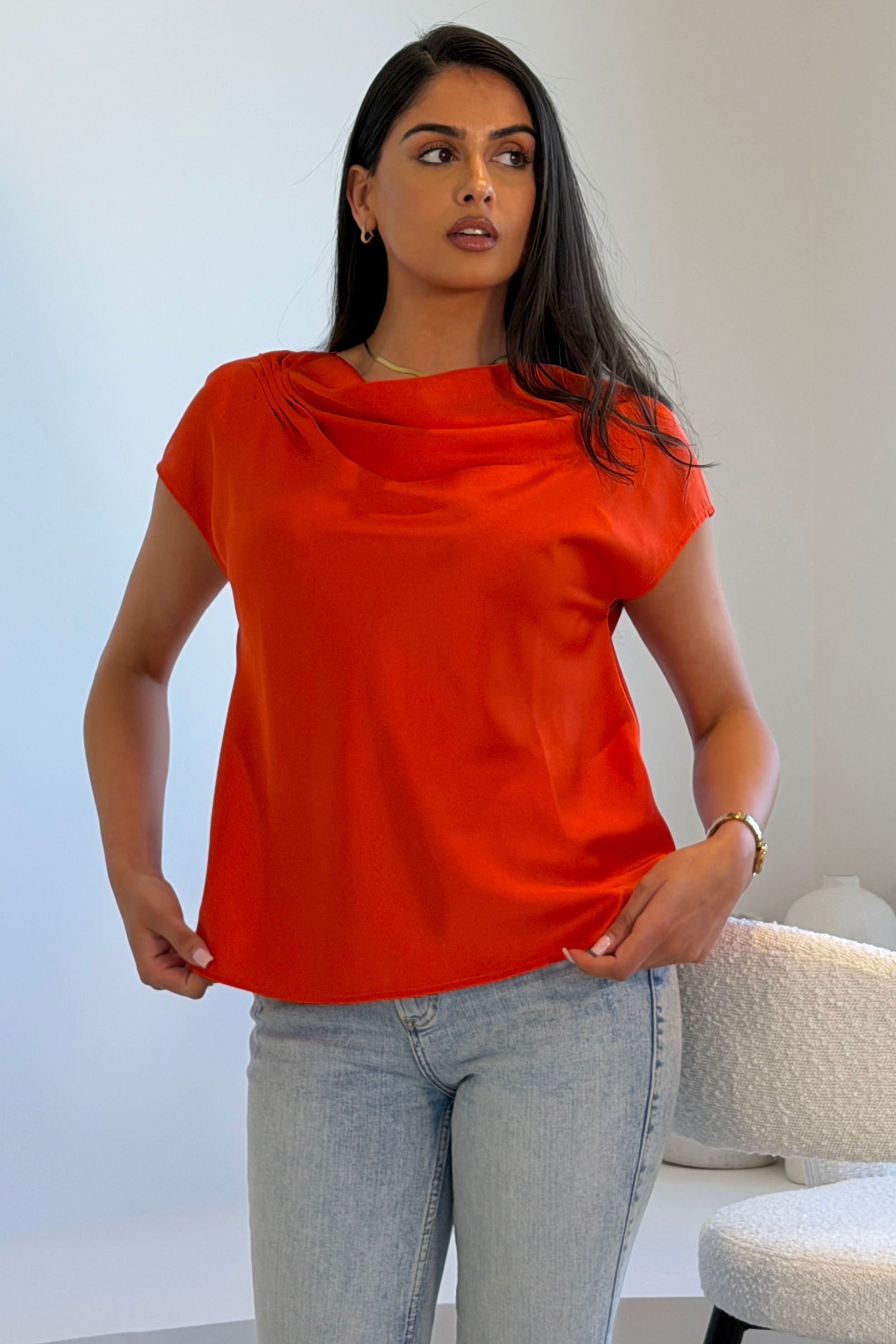 Rosa Pleated Detail Satin Top Orange