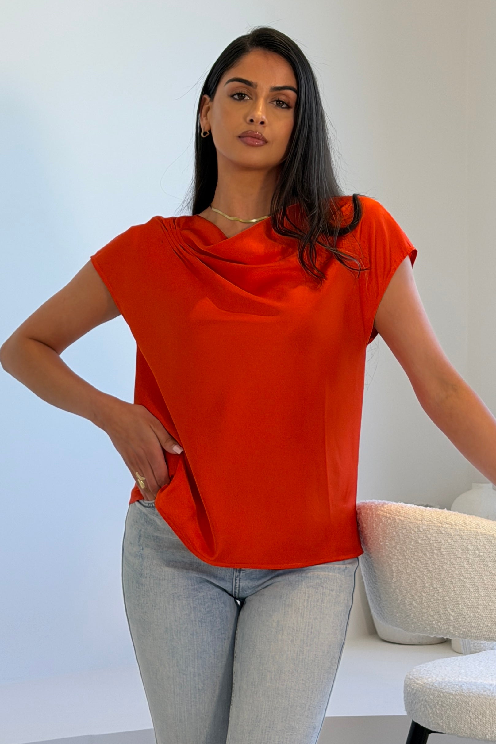Rosa Pleated Detail Satin Top Orange