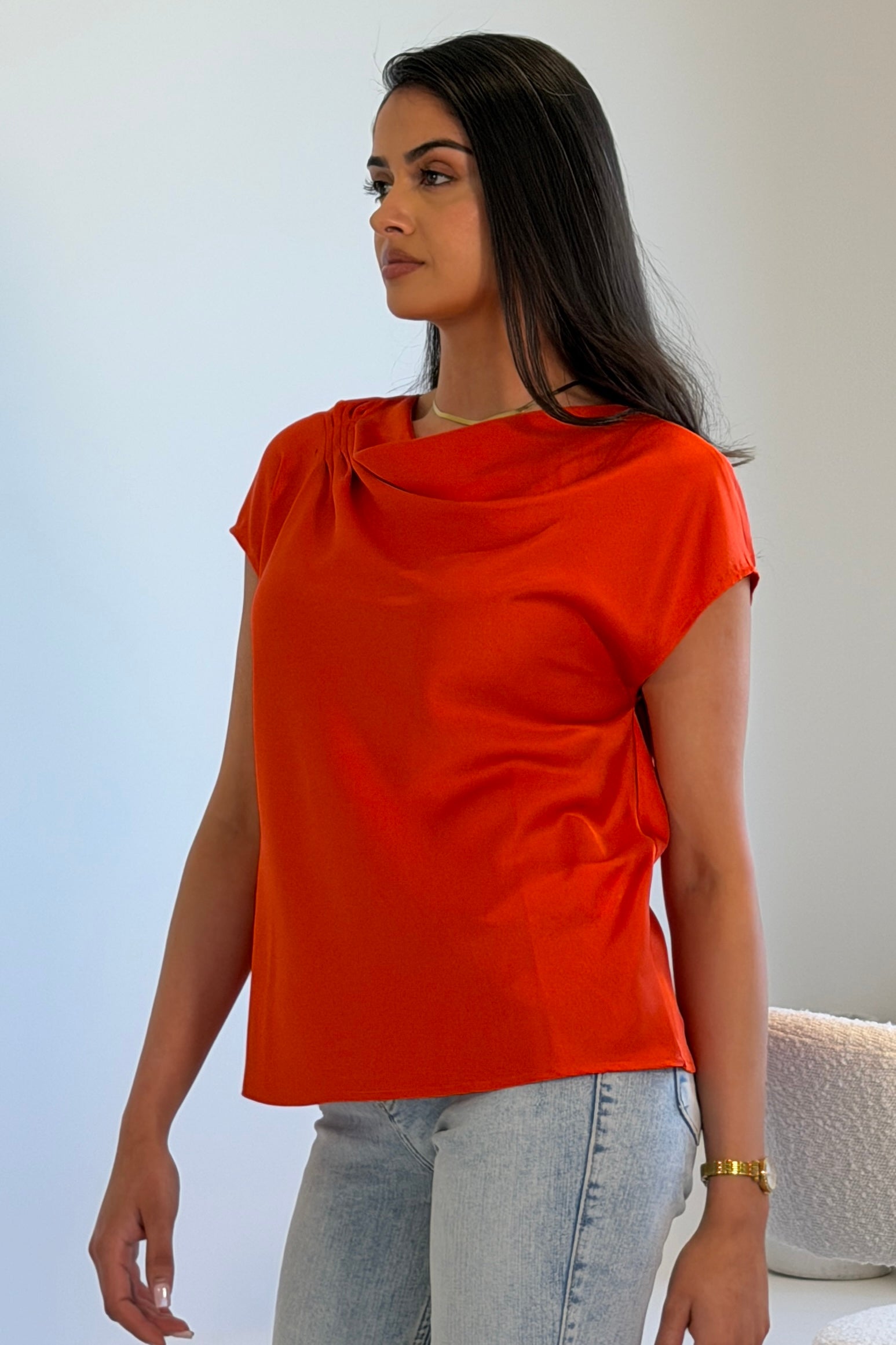 Rosa Pleated Detail Satin Top Orange