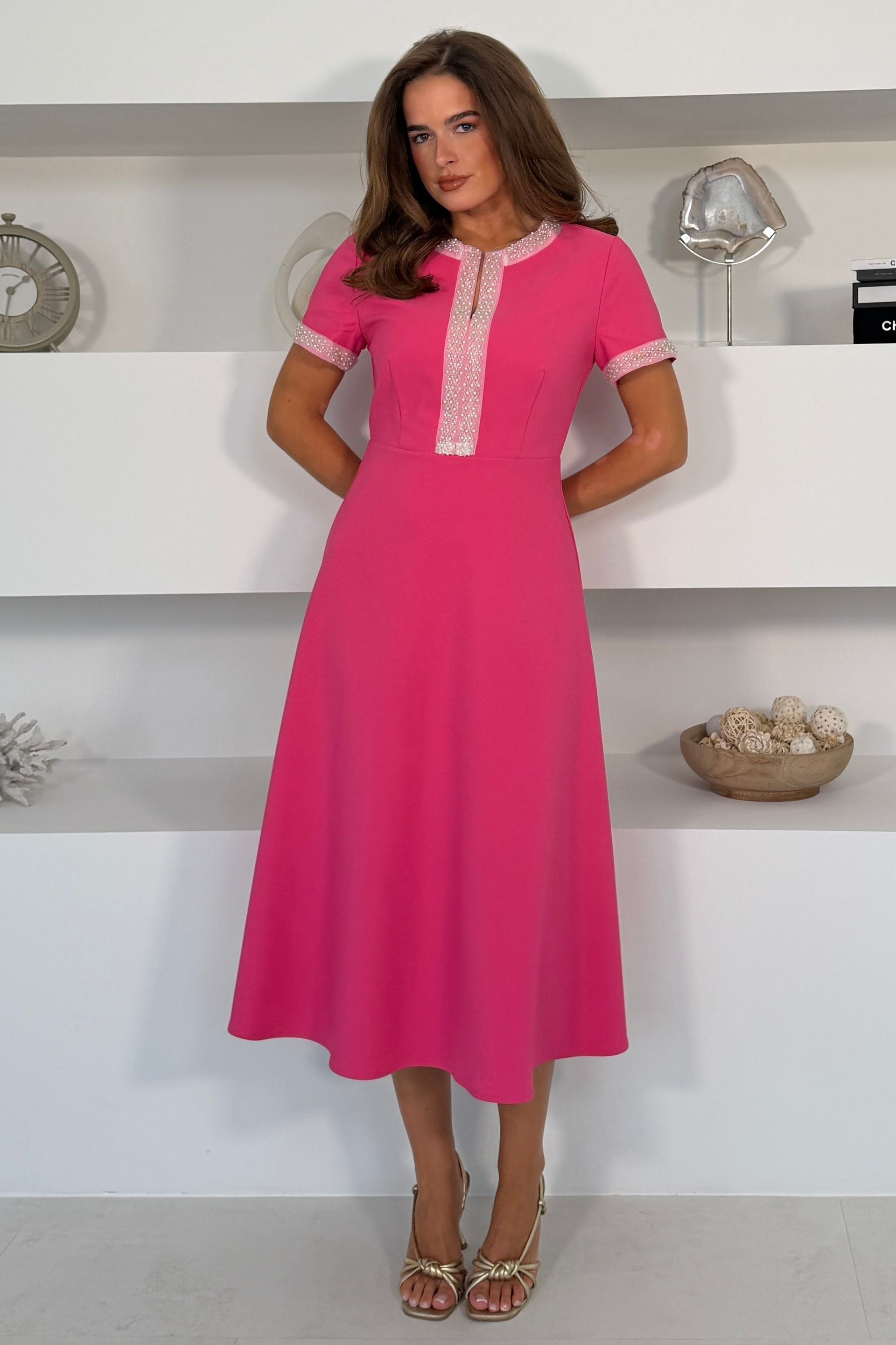 Natalia Beaded Midi Dress Pink