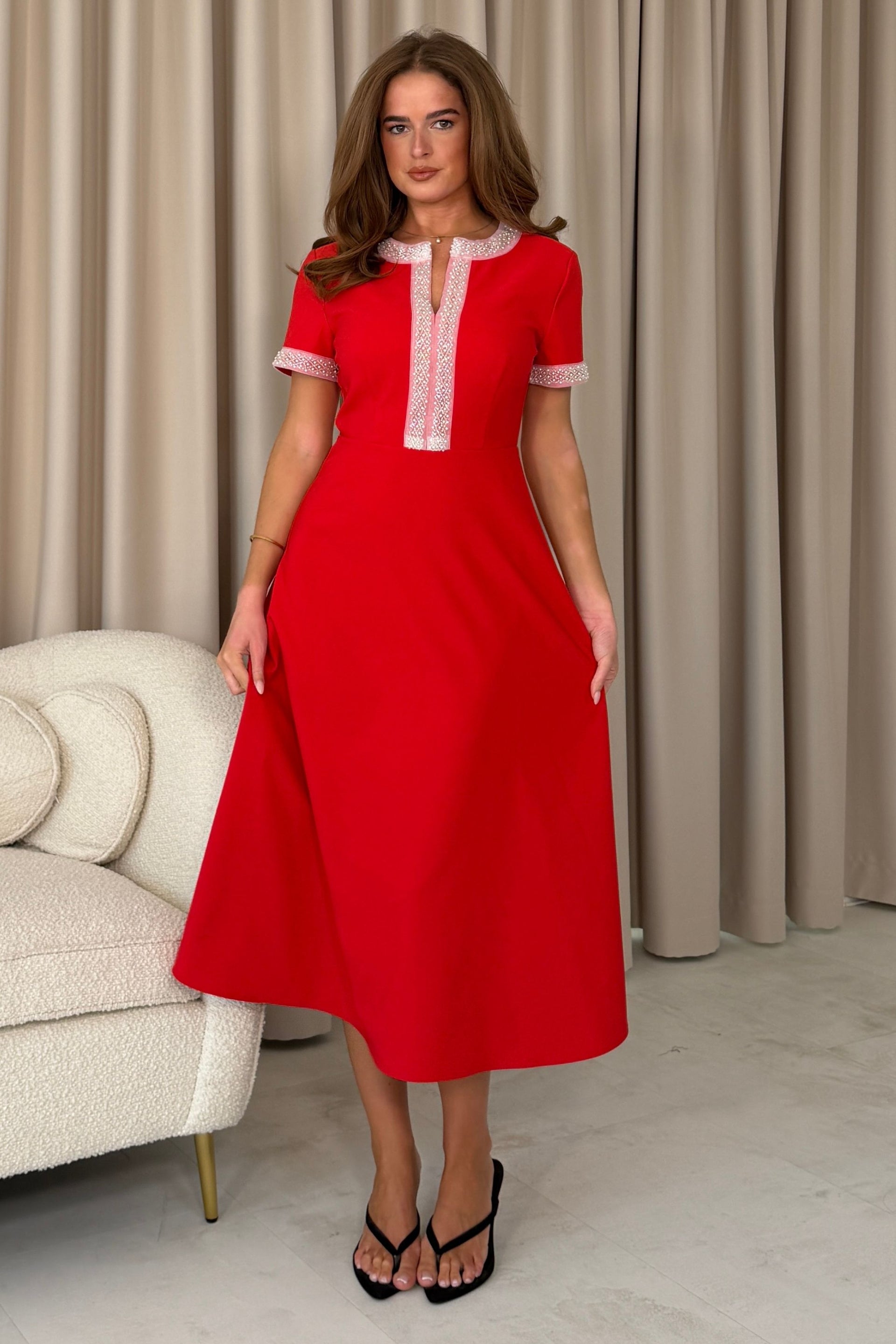 Natalia Beaded Midi Dress Red
