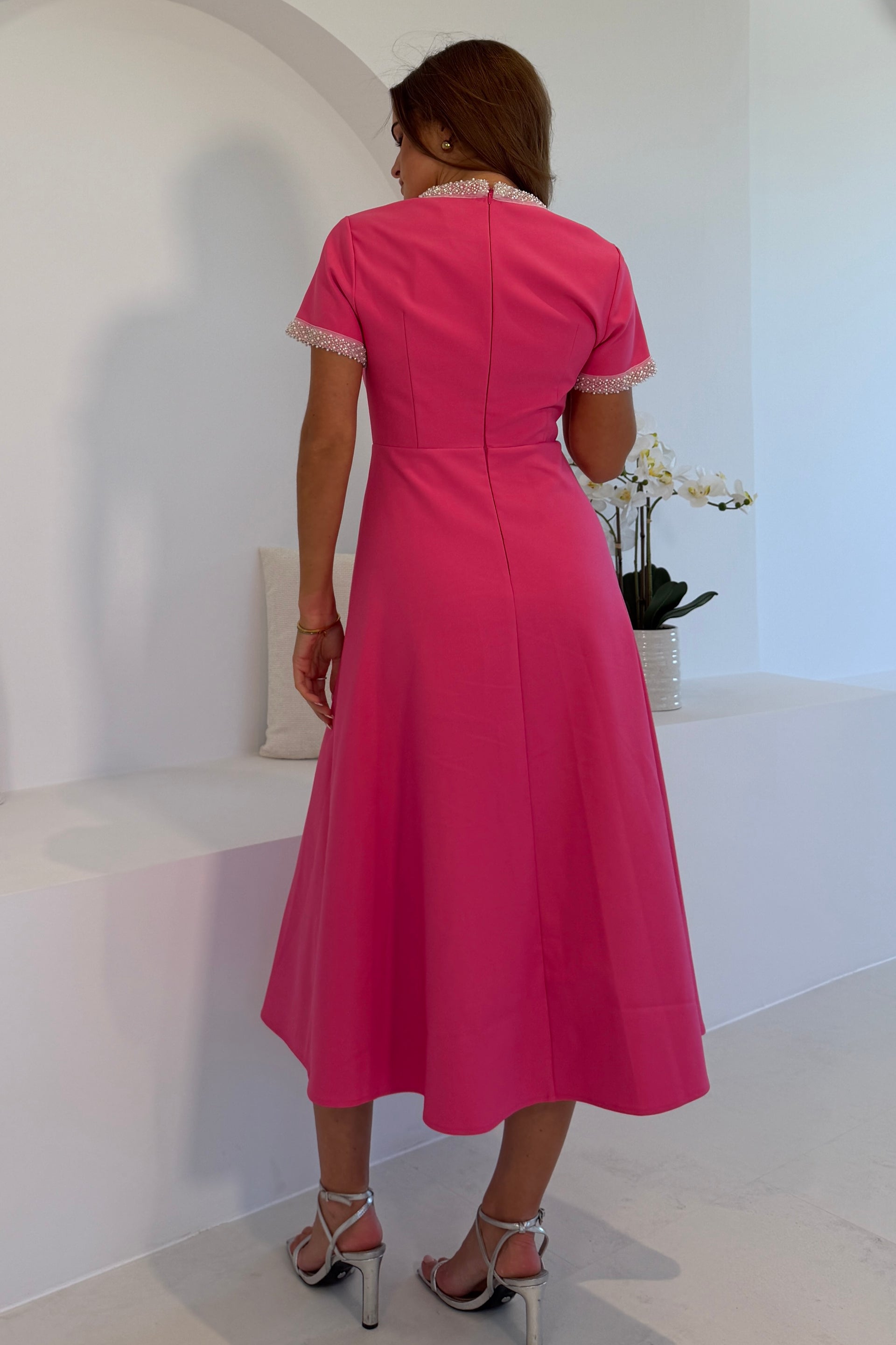 Natalia Beaded Bow Midi Dress Pink